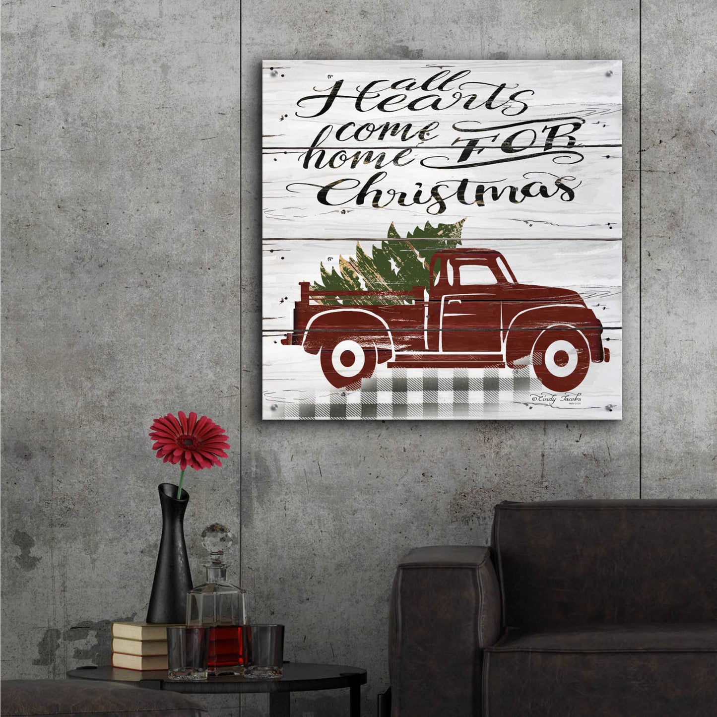 Epic Art 'All Hearts Red Truck' by Cindy Jacobs, Acrylic Glass Wall Art,36x36