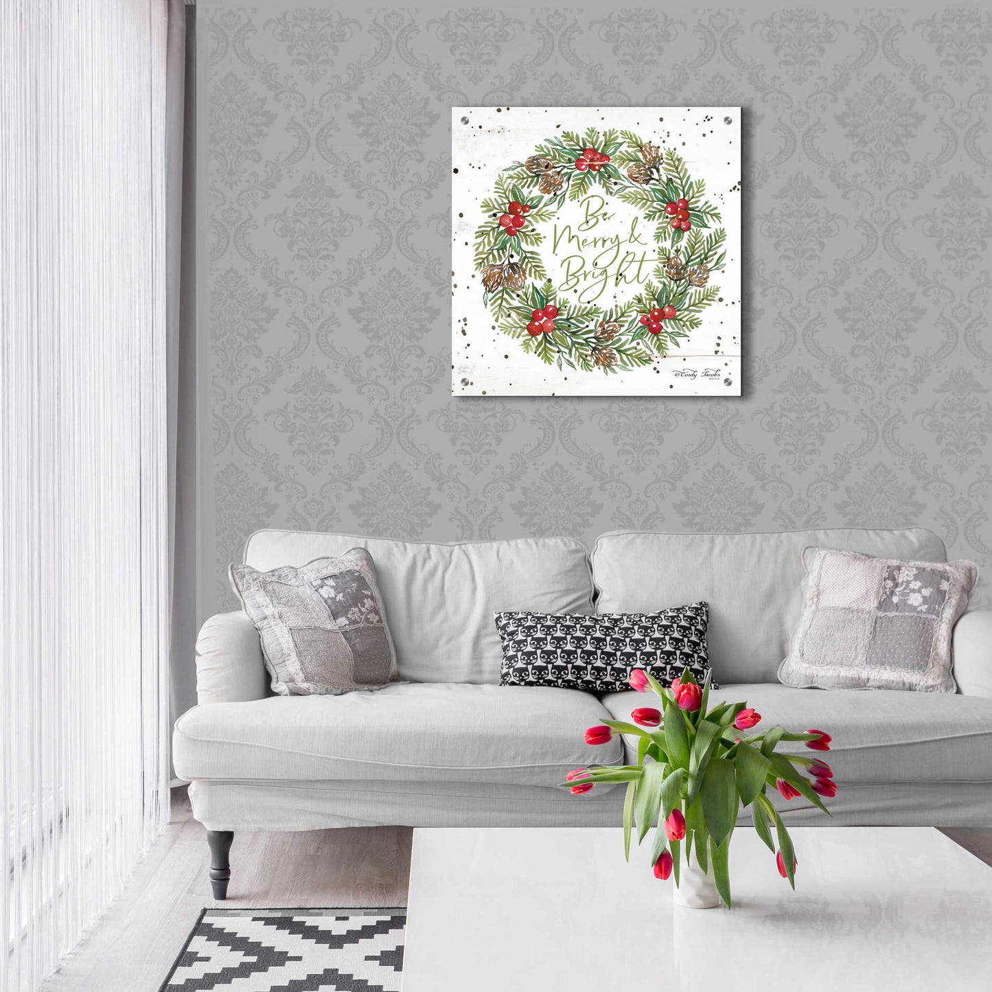 Epic Art 'Be Merry & Bright Wreath' by Cindy Jacobs, Acrylic Glass Wall Art,24x24