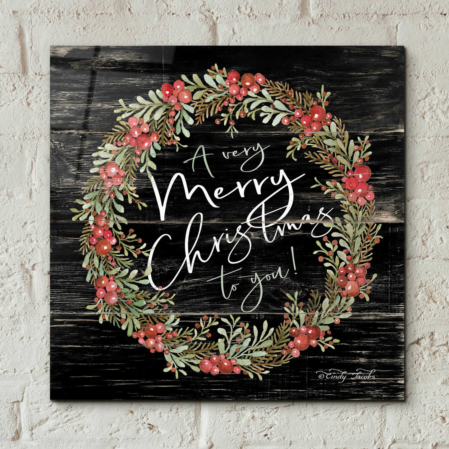 Epic Art 'A Very Merry Christmas Wreath' by Cindy Jacobs, Acrylic Glass Wall Art,12x12