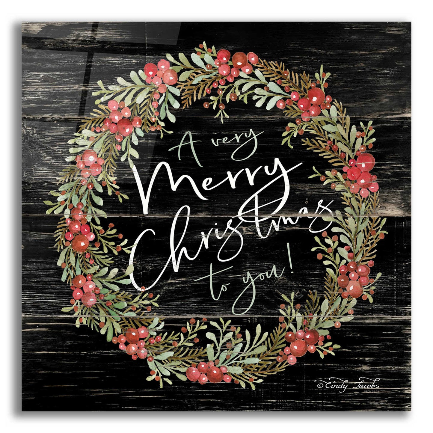 Epic Art 'A Very Merry Christmas Wreath' by Cindy Jacobs, Acrylic Glass Wall Art,12x12