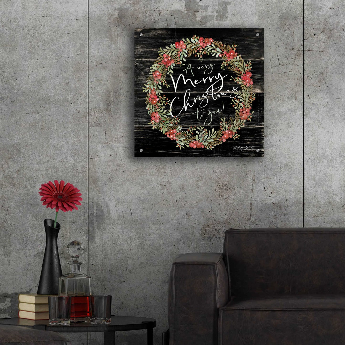 Epic Art 'A Very Merry Christmas Wreath' by Cindy Jacobs, Acrylic Glass Wall Art,24x24