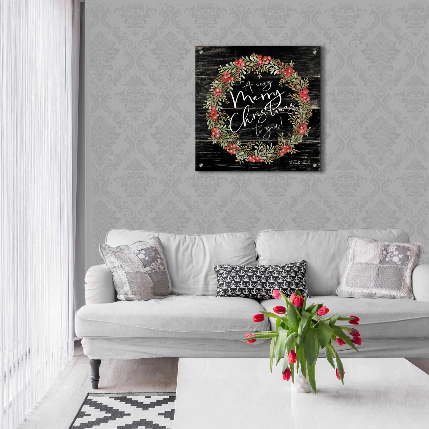 Epic Art 'A Very Merry Christmas Wreath' by Cindy Jacobs, Acrylic Glass Wall Art,24x24