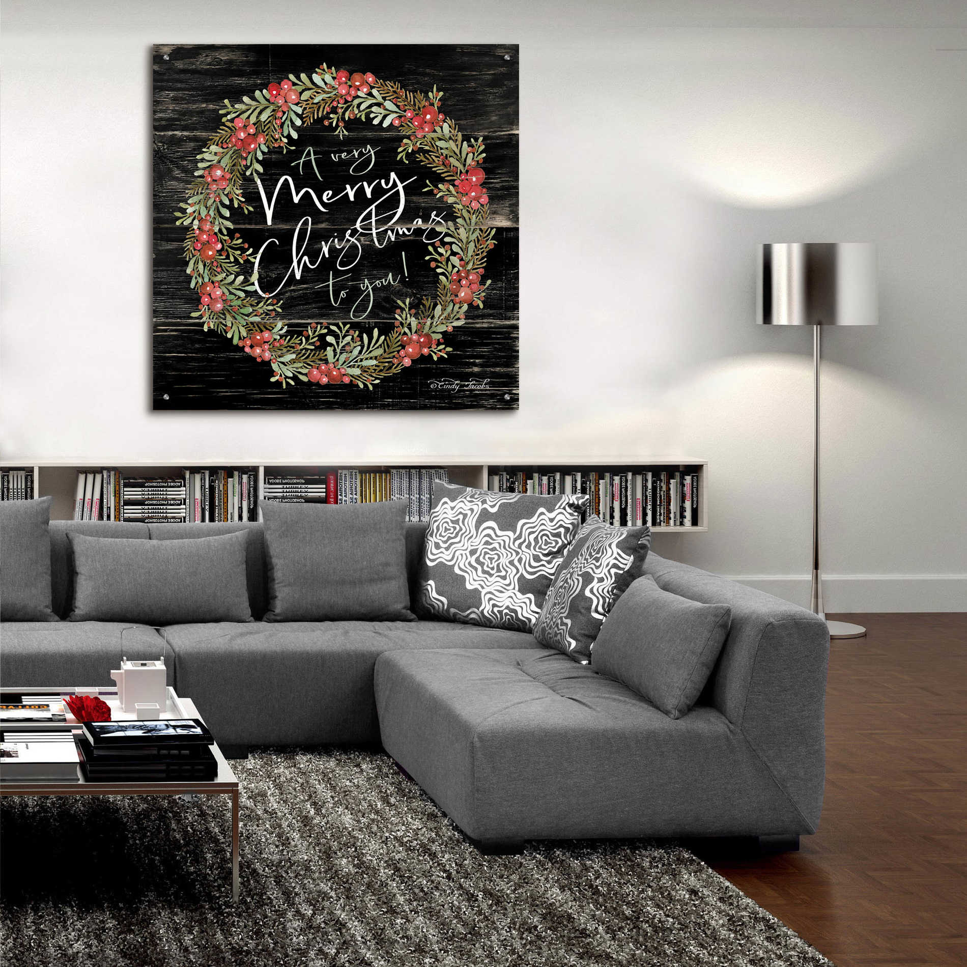 Epic Art 'A Very Merry Christmas Wreath' by Cindy Jacobs, Acrylic Glass Wall Art,36x36