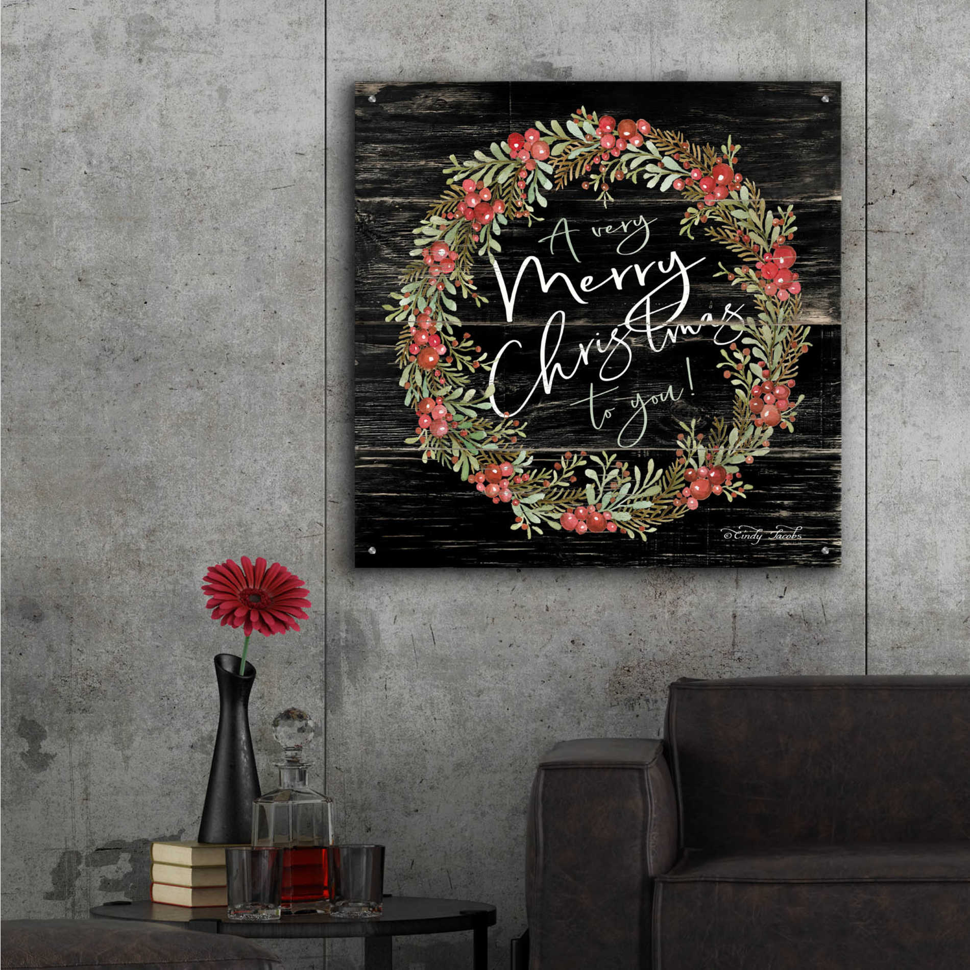 Epic Art 'A Very Merry Christmas Wreath' by Cindy Jacobs, Acrylic Glass Wall Art,36x36