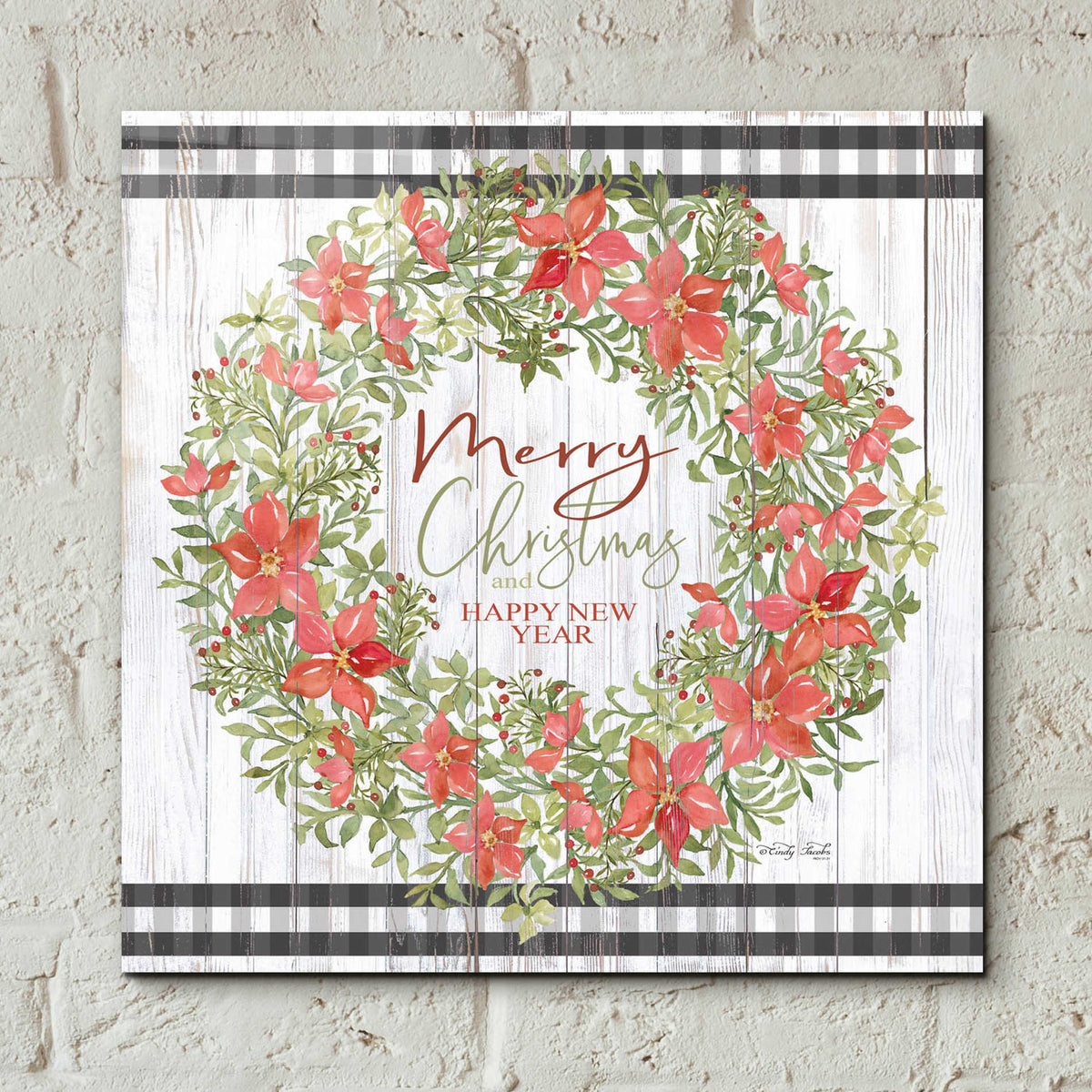 Epic Art 'Merry Christmas & Happy New Year Wreath' by Cindy Jacobs, Acrylic Glass Wall Art,12x12