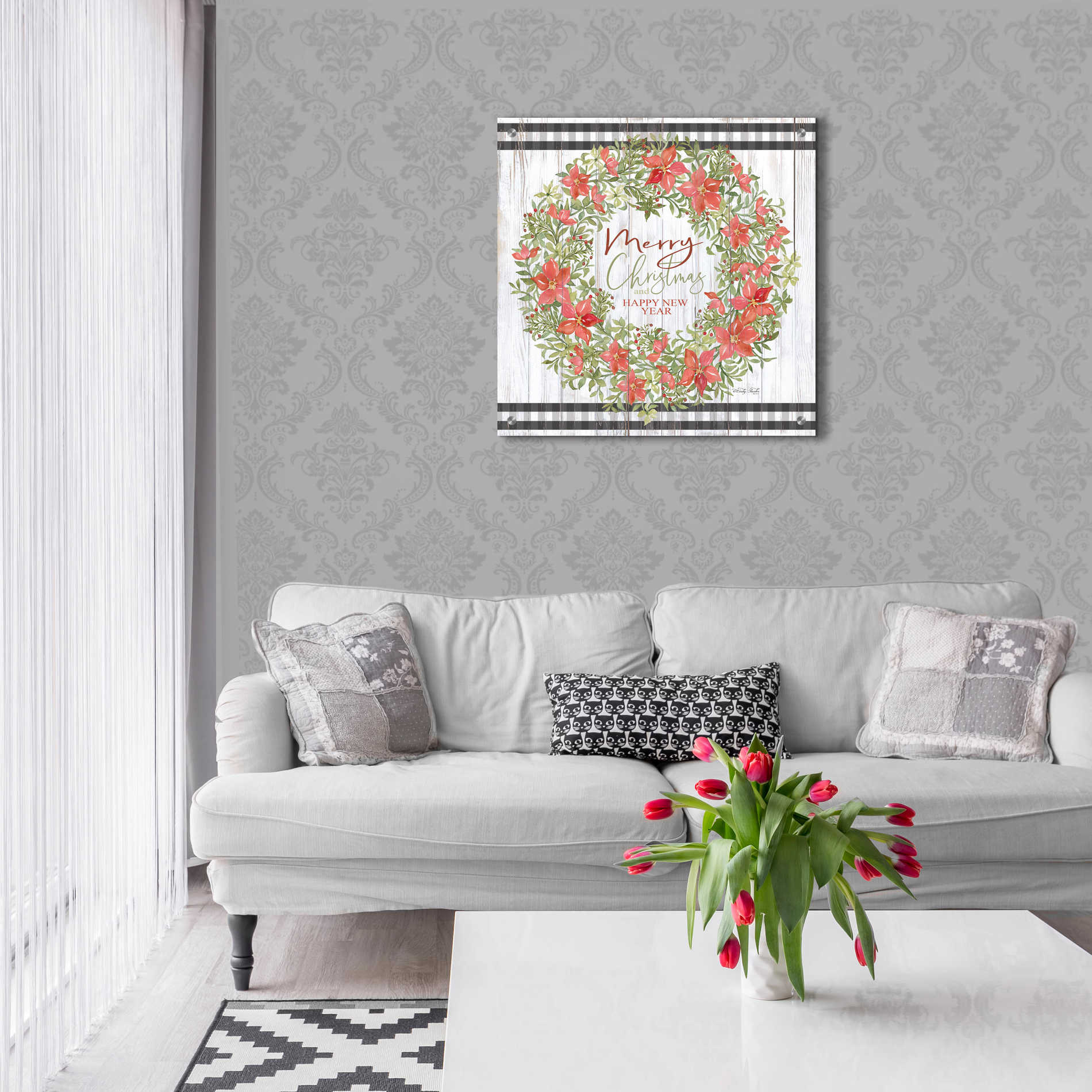 Epic Art 'Merry Christmas & Happy New Year Wreath' by Cindy Jacobs, Acrylic Glass Wall Art,24x24