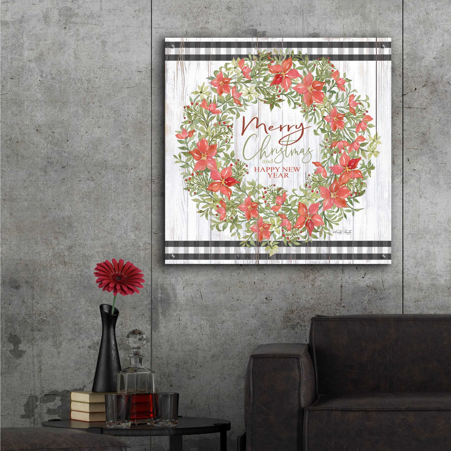 Epic Art 'Merry Christmas & Happy New Year Wreath' by Cindy Jacobs, Acrylic Glass Wall Art,36x36