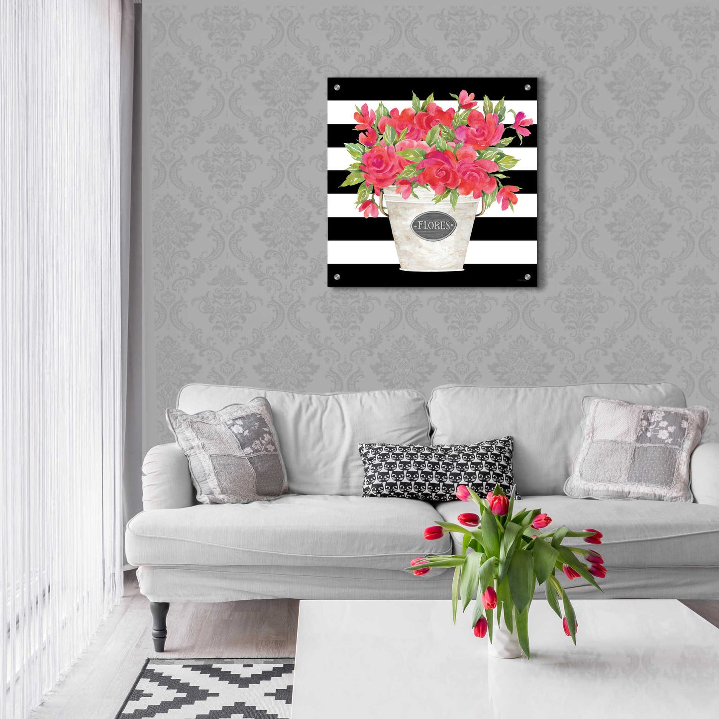 Epic Art 'Fuchsia Flores Stripes' by Cindy Jacobs, Acrylic Glass Wall Art,24x24