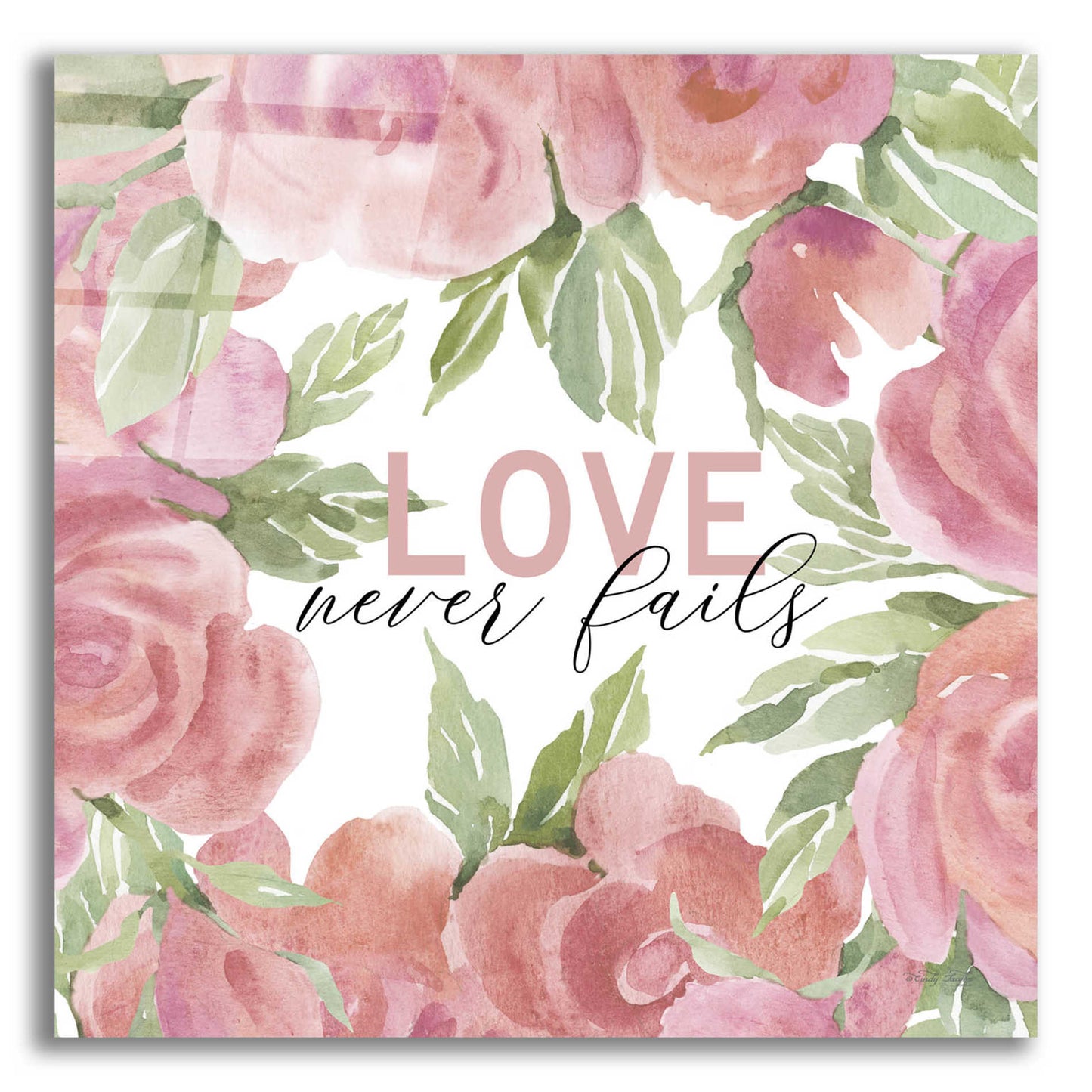 Epic Art 'Love Never Fails Roses' by Cindy Jacobs, Acrylic Glass Wall Art,12x12