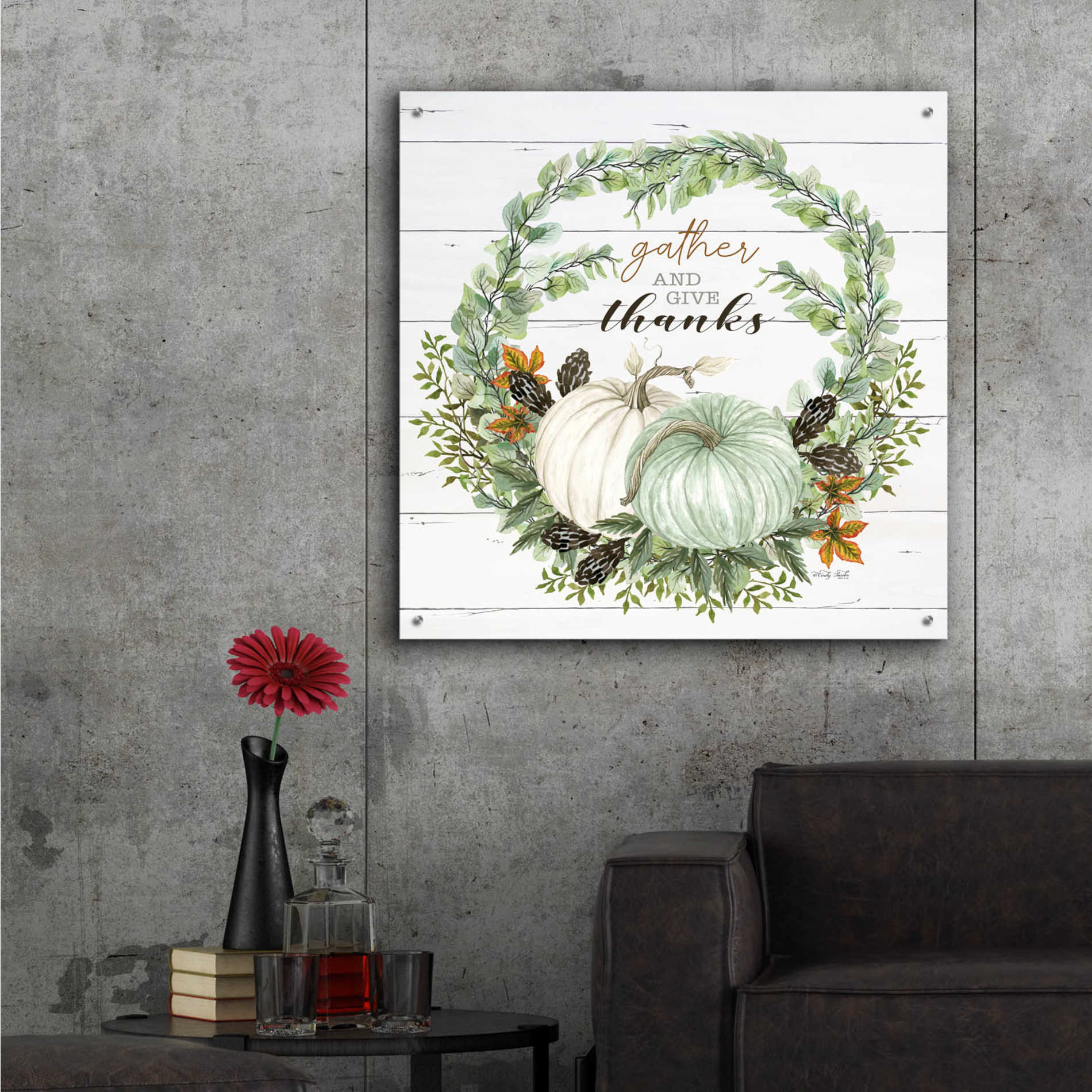 Epic Art 'Gather and Give Thanks Wreath' by Cindy Jacobs, Acrylic Glass Wall Art,36x36