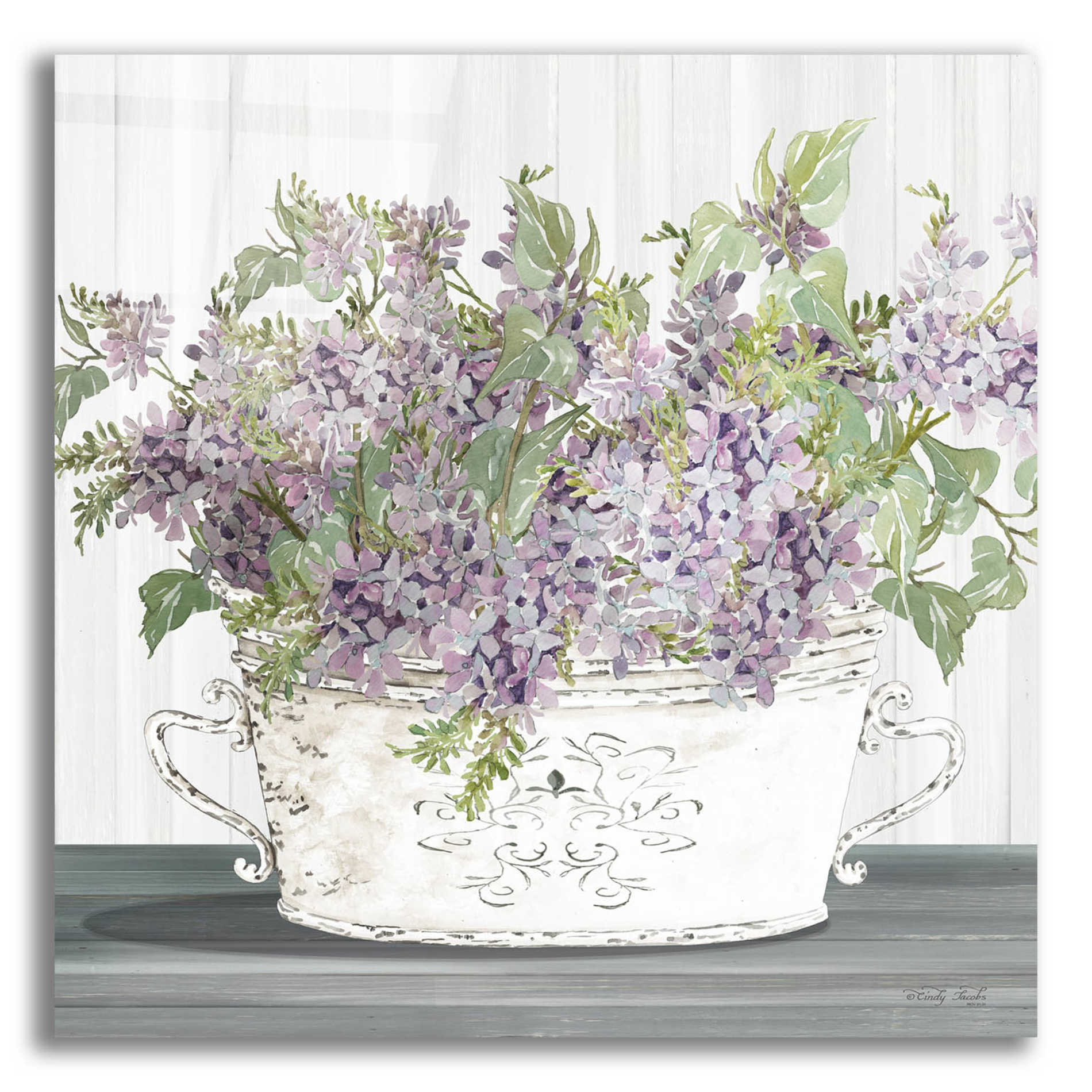 Epic Art 'Lilac Galvanized Pot' by Cindy Jacobs, Acrylic Glass Wall Art,12x12