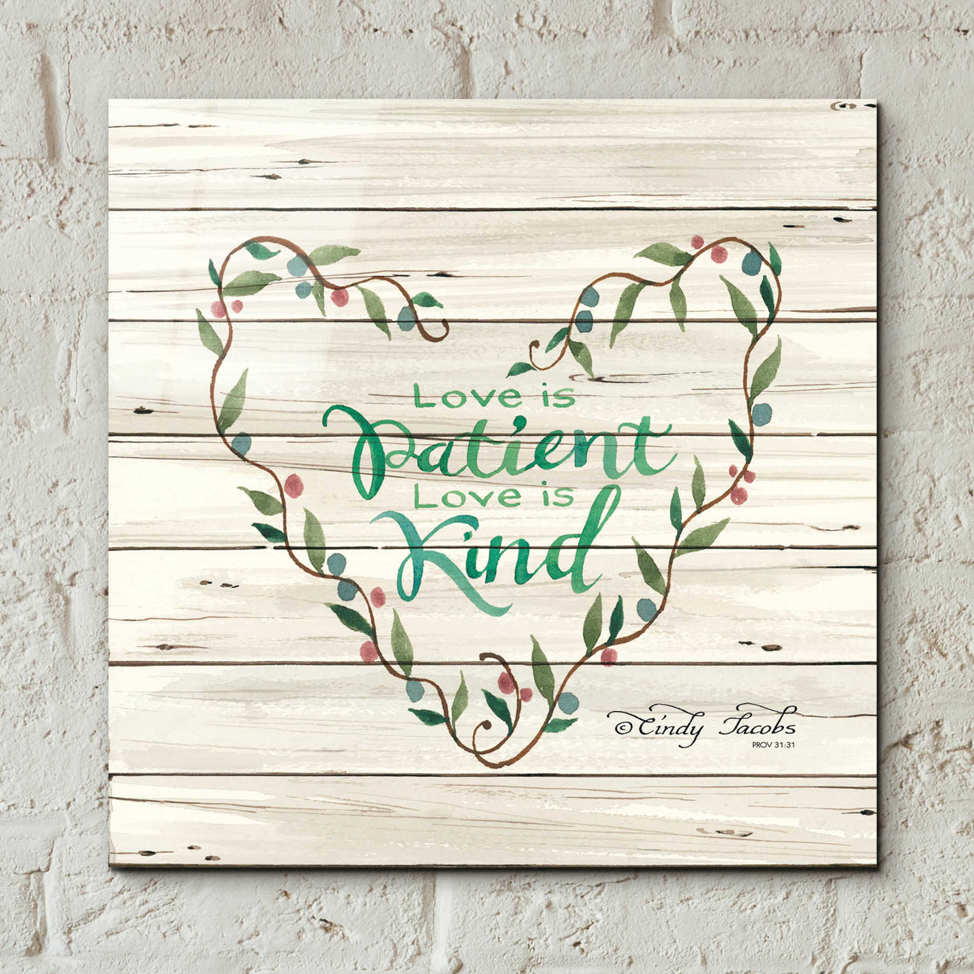 Epic Art 'Love is Patient Heart Wreath' by Cindy Jacobs, Acrylic Glass Wall Art,12x12
