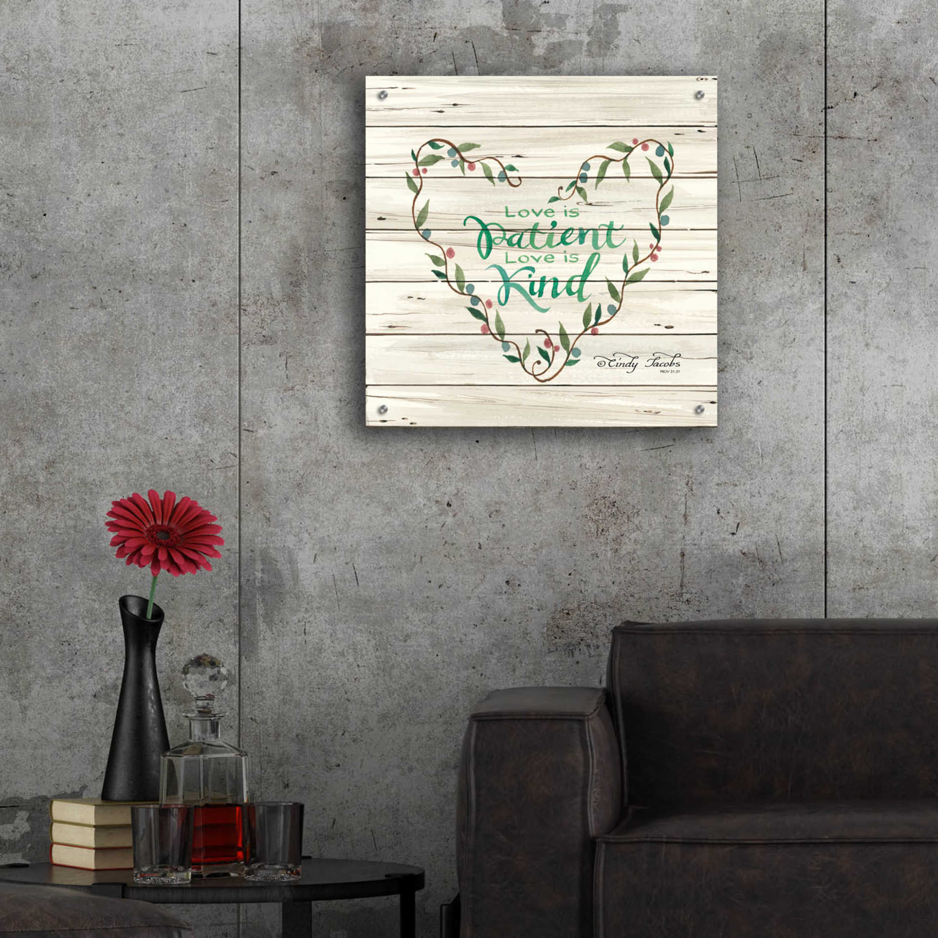 Epic Art 'Love is Patient Heart Wreath' by Cindy Jacobs, Acrylic Glass Wall Art,24x24