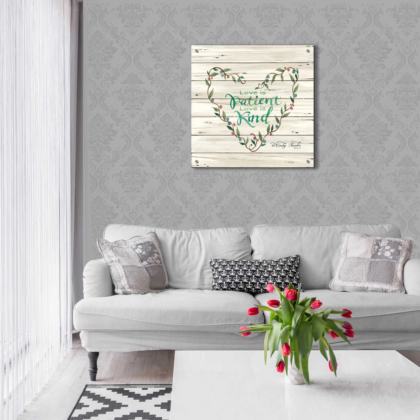 Epic Art 'Love is Patient Heart Wreath' by Cindy Jacobs, Acrylic Glass Wall Art,24x24