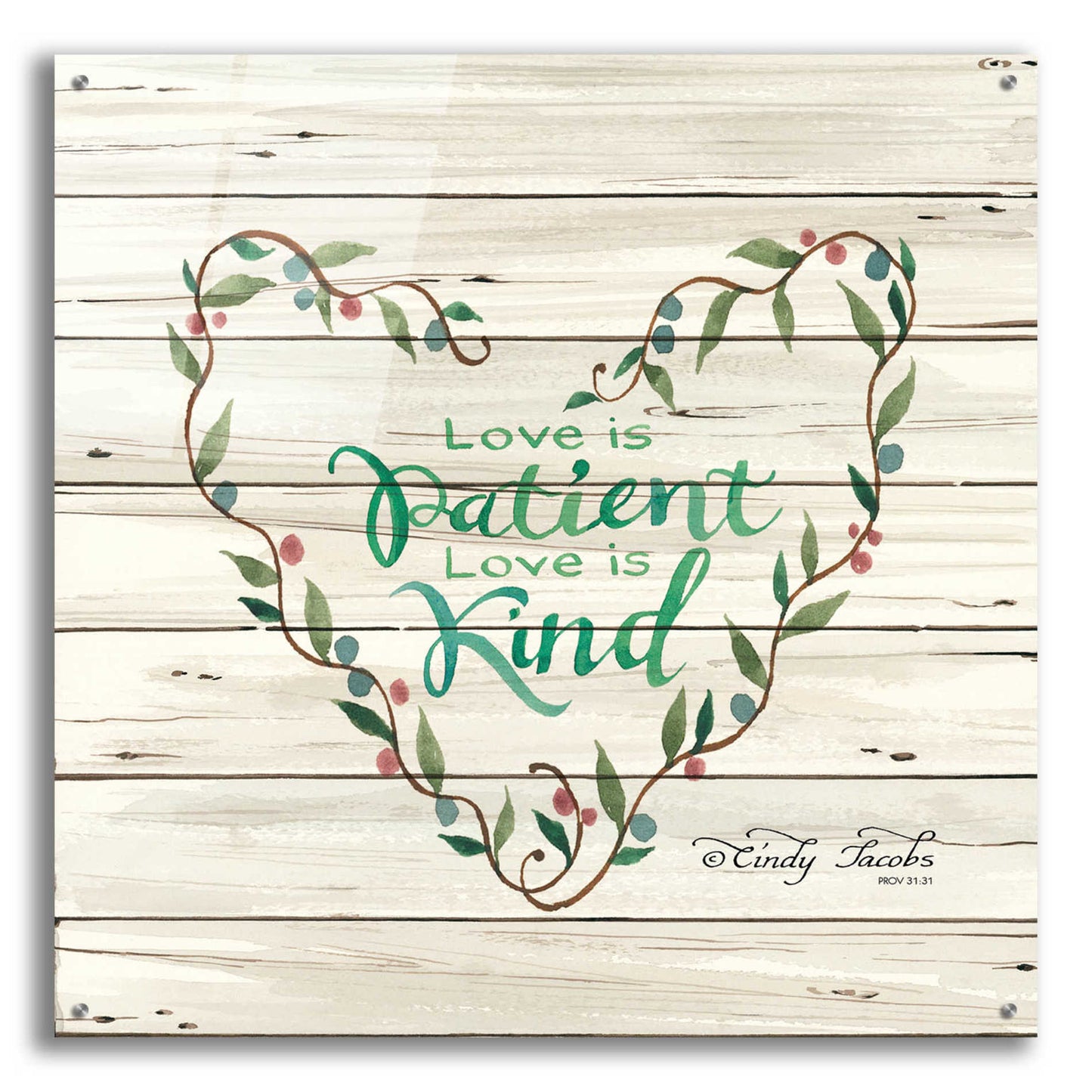 Epic Art 'Love is Patient Heart Wreath' by Cindy Jacobs, Acrylic Glass Wall Art,36x36