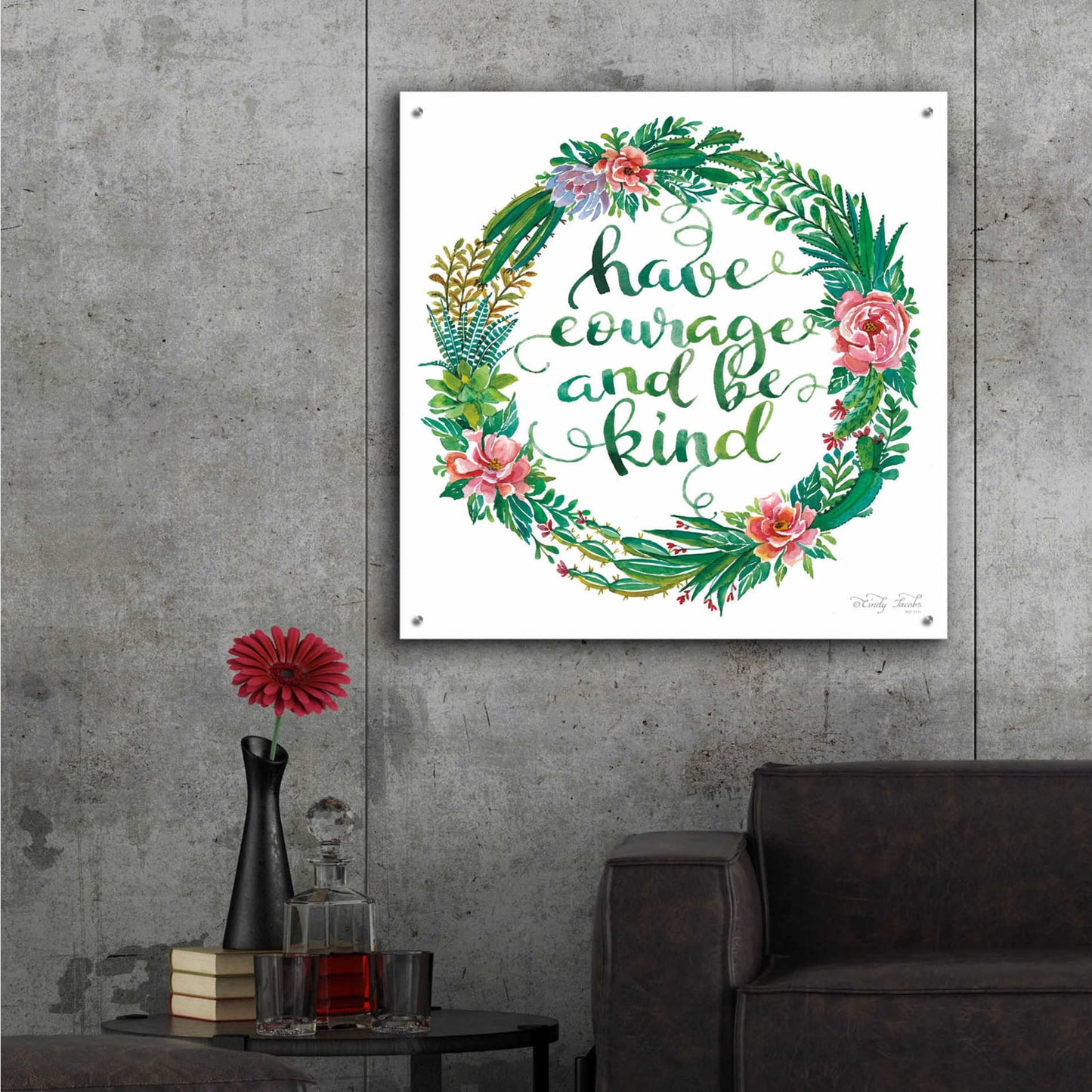 Epic Art 'Have Courage Succulent Wreath' by Cindy Jacobs, Acrylic Glass Wall Art,36x36