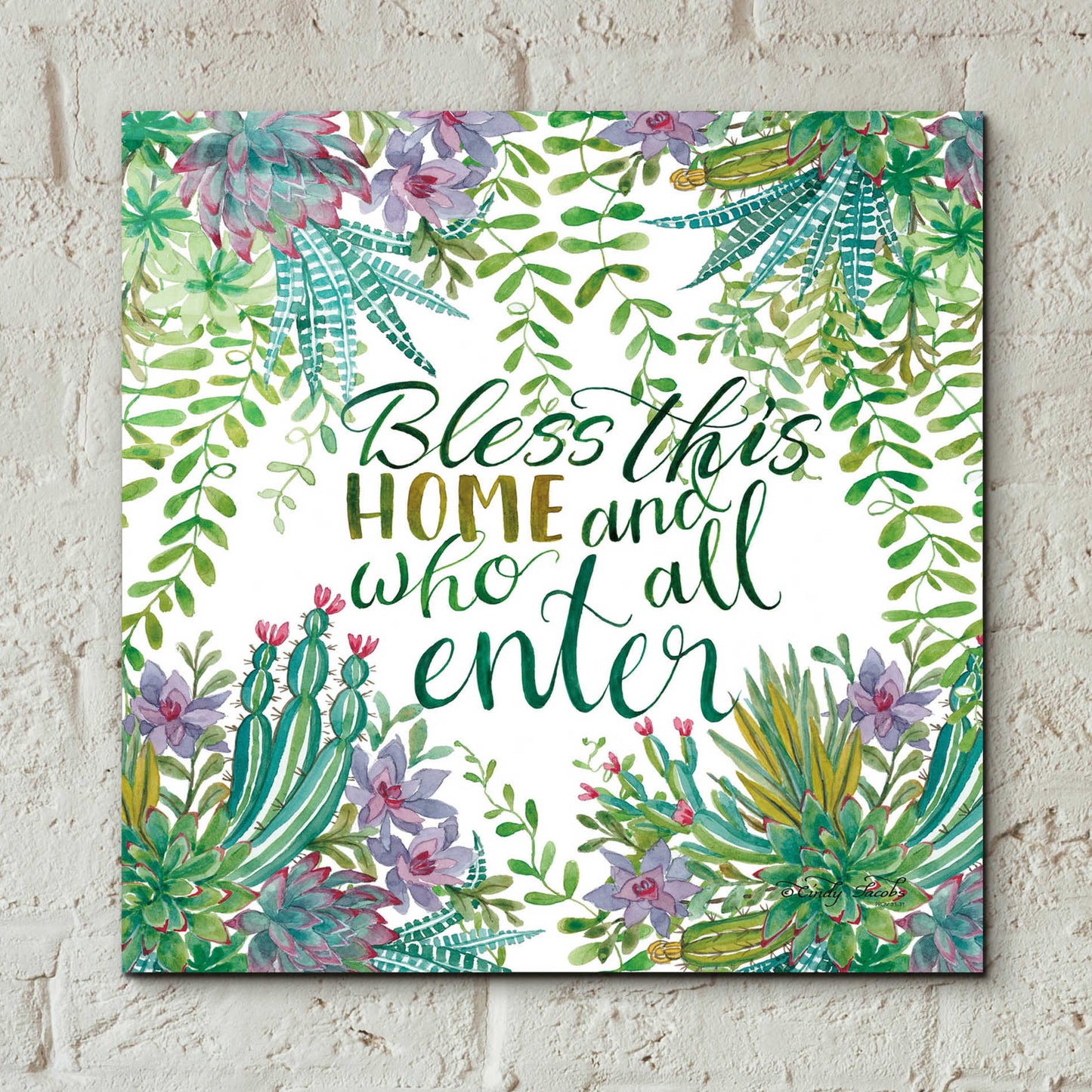 Epic Art 'Bless This Home Succulents' by Cindy Jacobs, Acrylic Glass Wall Art,12x12