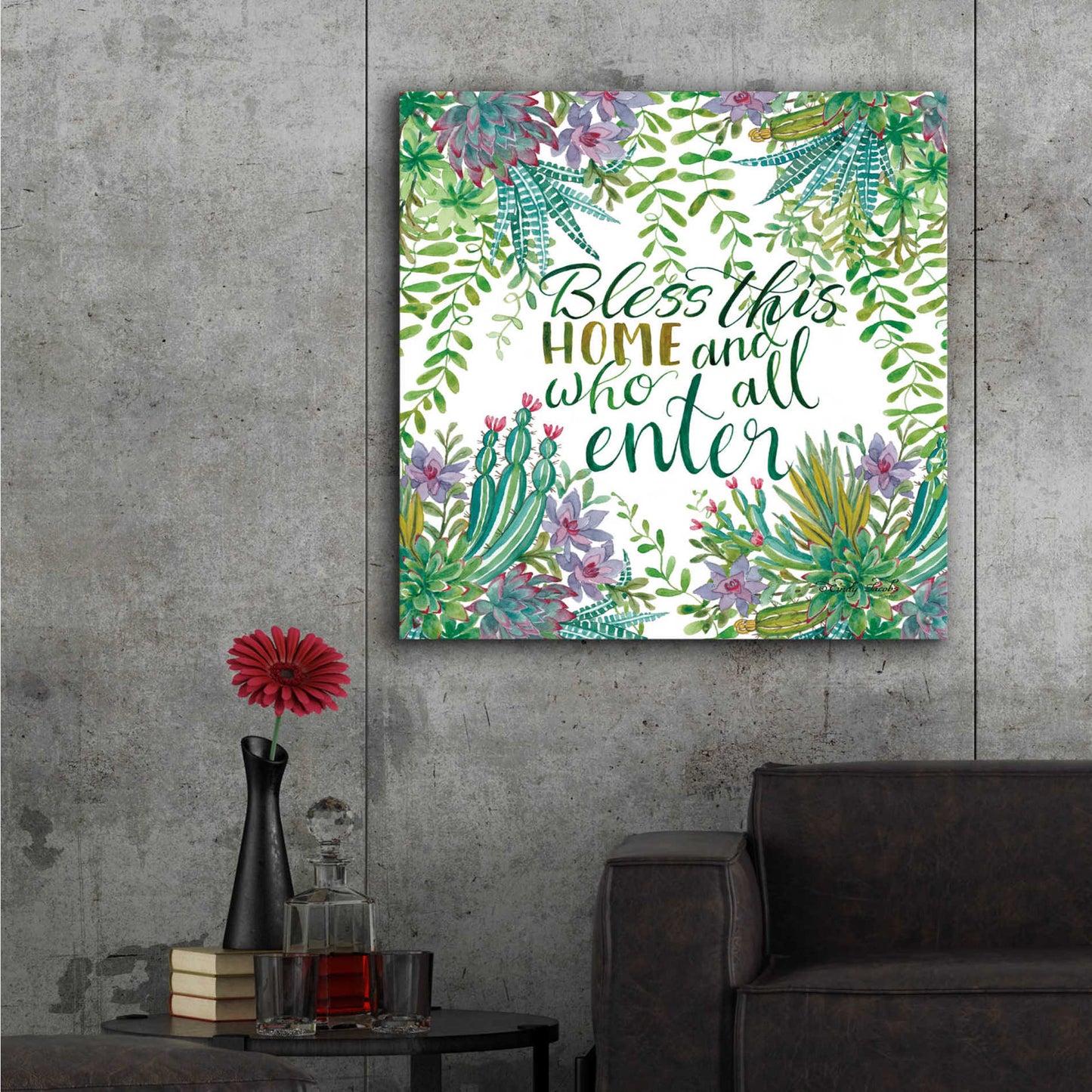 Epic Art 'Bless This Home Succulents' by Cindy Jacobs, Acrylic Glass Wall Art,36x36