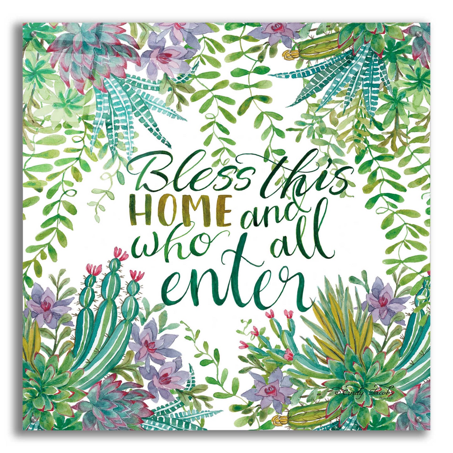 Epic Art 'Bless This Home Succulents' by Cindy Jacobs, Acrylic Glass Wall Art,36x36