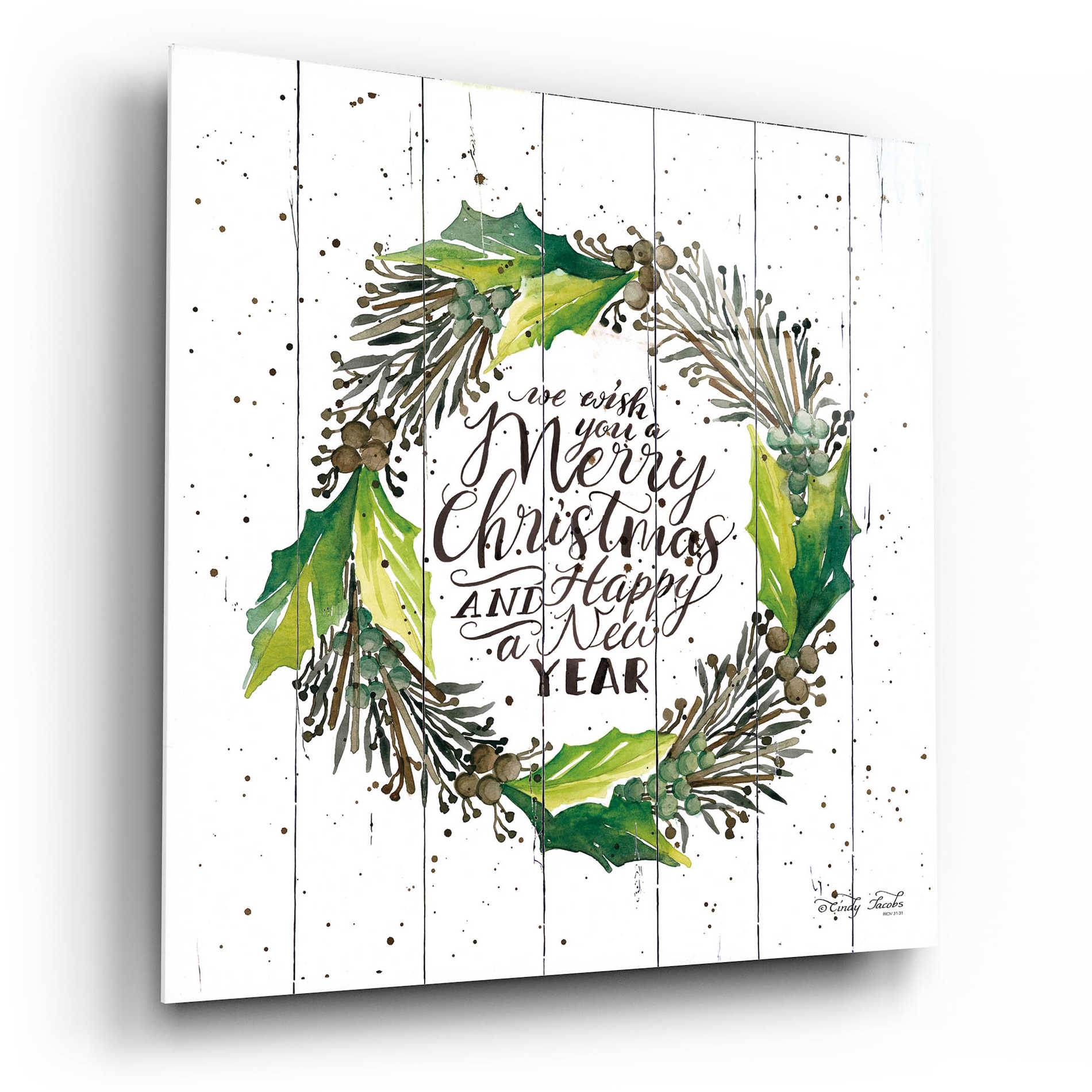 Epic Art 'Merry Christmas and Happy New Year Wreath' by Cindy Jacobs, Acrylic Glass Wall Art,12x12