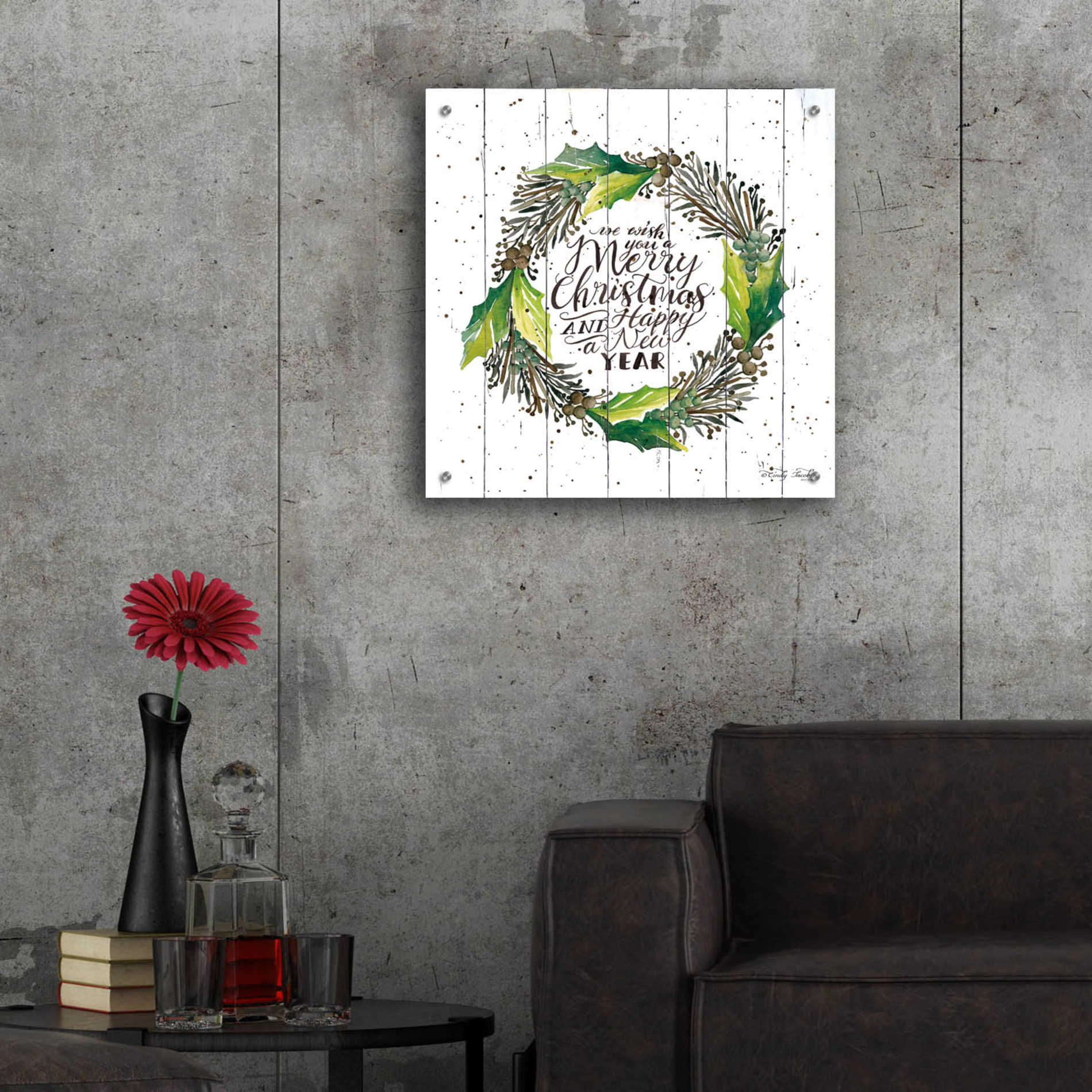 Epic Art 'Merry Christmas and Happy New Year Wreath' by Cindy Jacobs, Acrylic Glass Wall Art,24x24