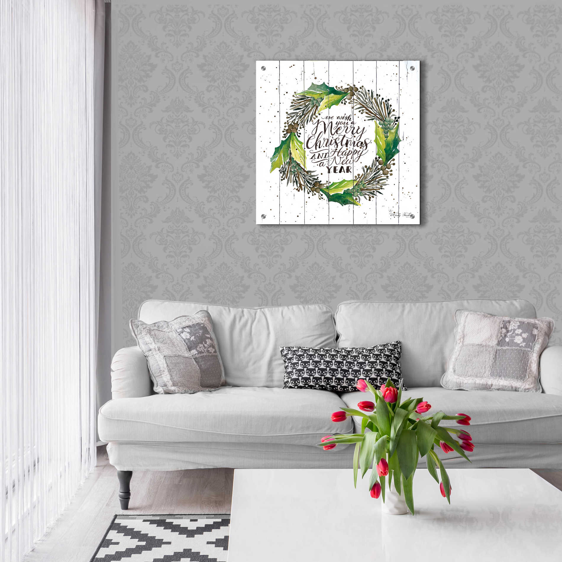 Epic Art 'Merry Christmas and Happy New Year Wreath' by Cindy Jacobs, Acrylic Glass Wall Art,24x24