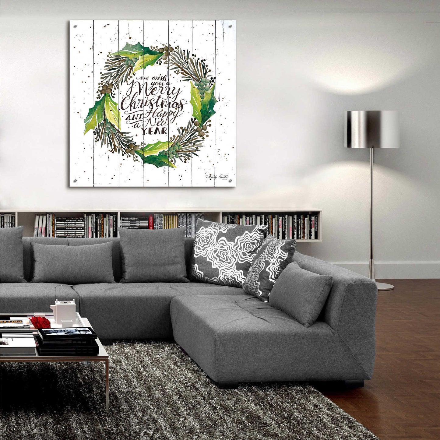 Epic Art 'Merry Christmas and Happy New Year Wreath' by Cindy Jacobs, Acrylic Glass Wall Art,36x36