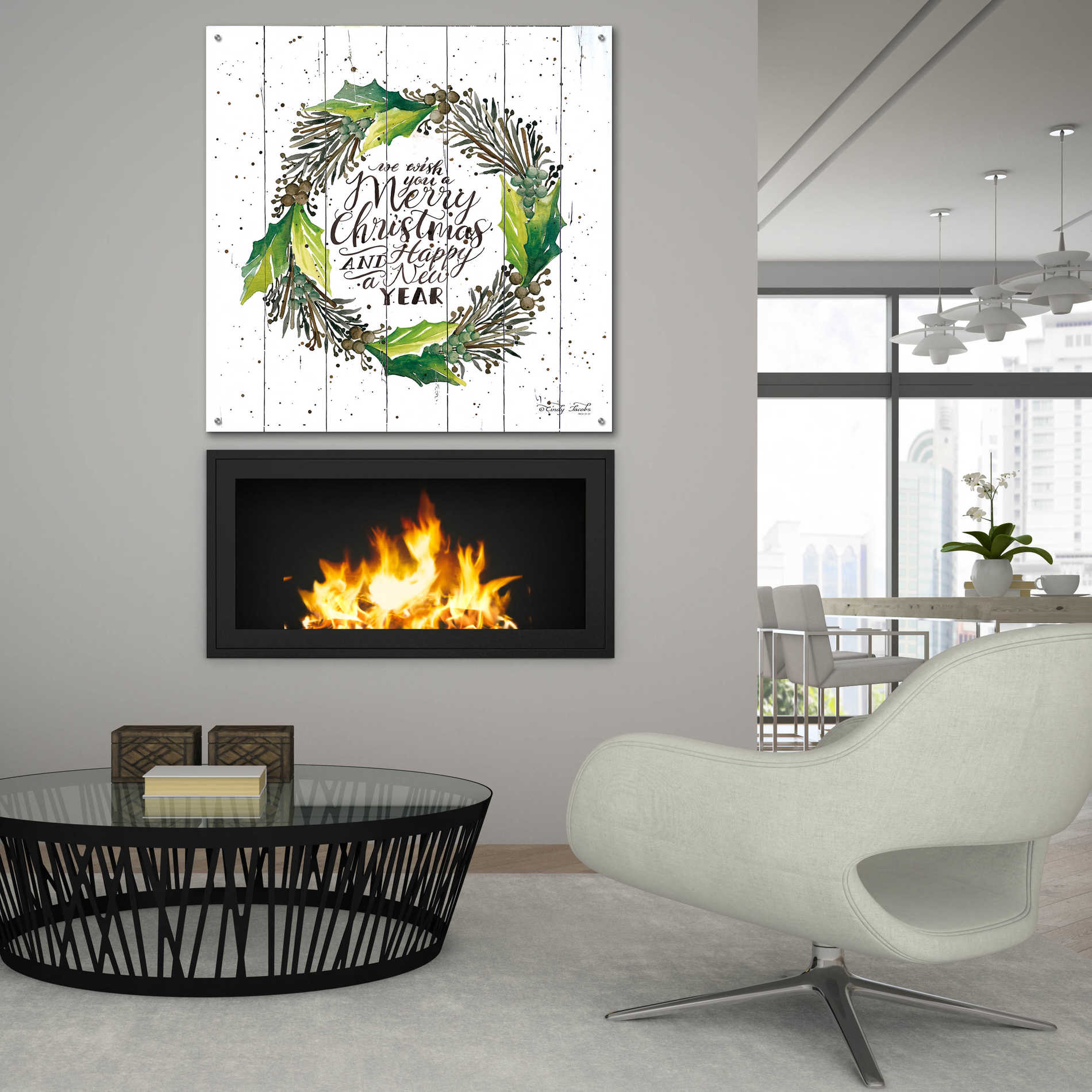 Epic Art 'Merry Christmas and Happy New Year Wreath' by Cindy Jacobs, Acrylic Glass Wall Art,36x36