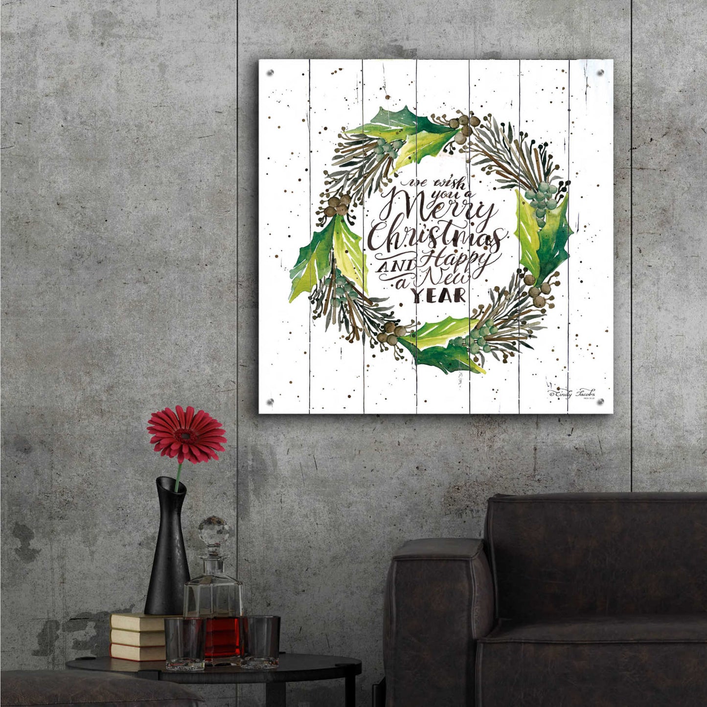 Epic Art 'Merry Christmas and Happy New Year Wreath' by Cindy Jacobs, Acrylic Glass Wall Art,36x36