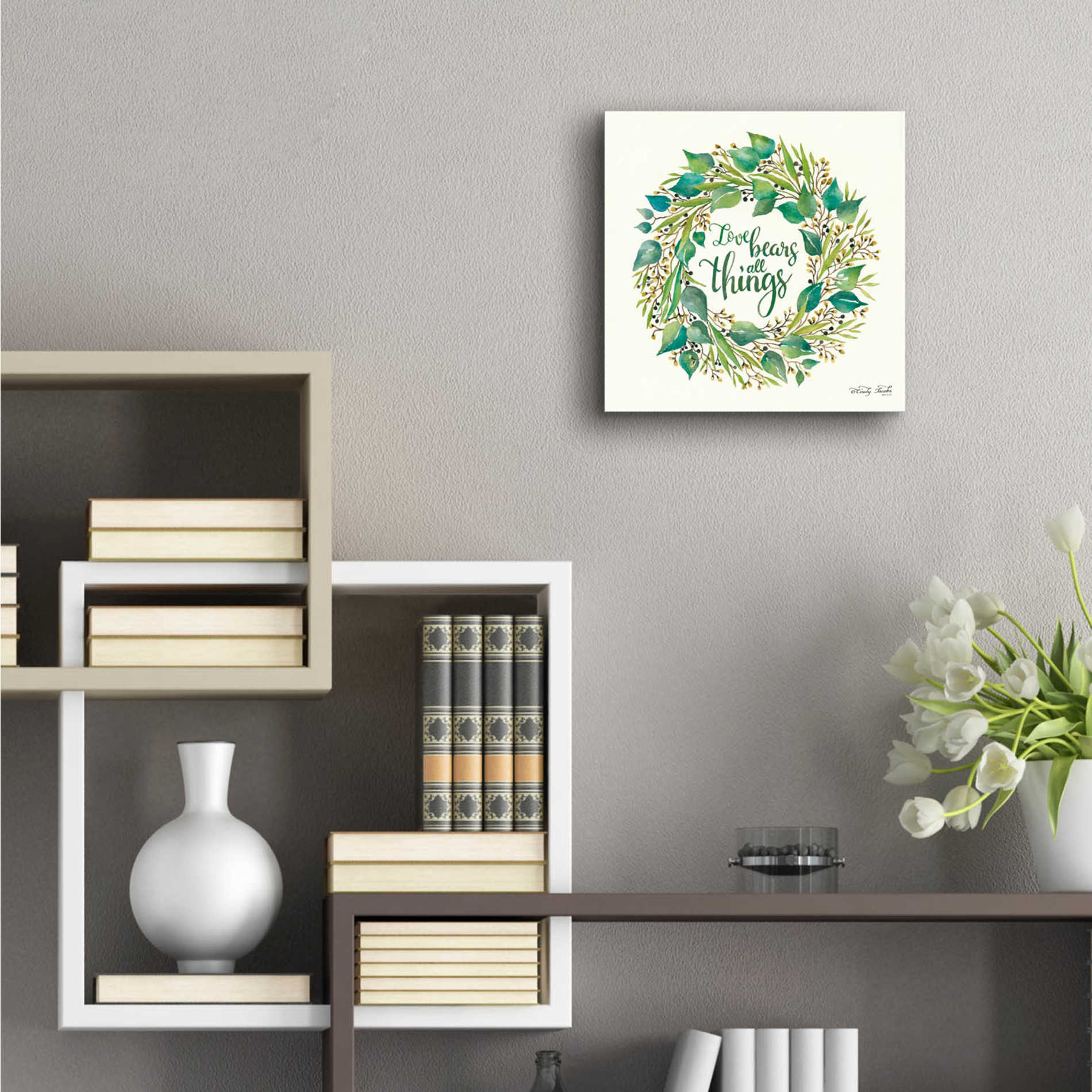 Epic Art 'Love Bears All Things Eucalyptus Wreath' by Cindy Jacobs, Acrylic Glass Wall Art,12x12