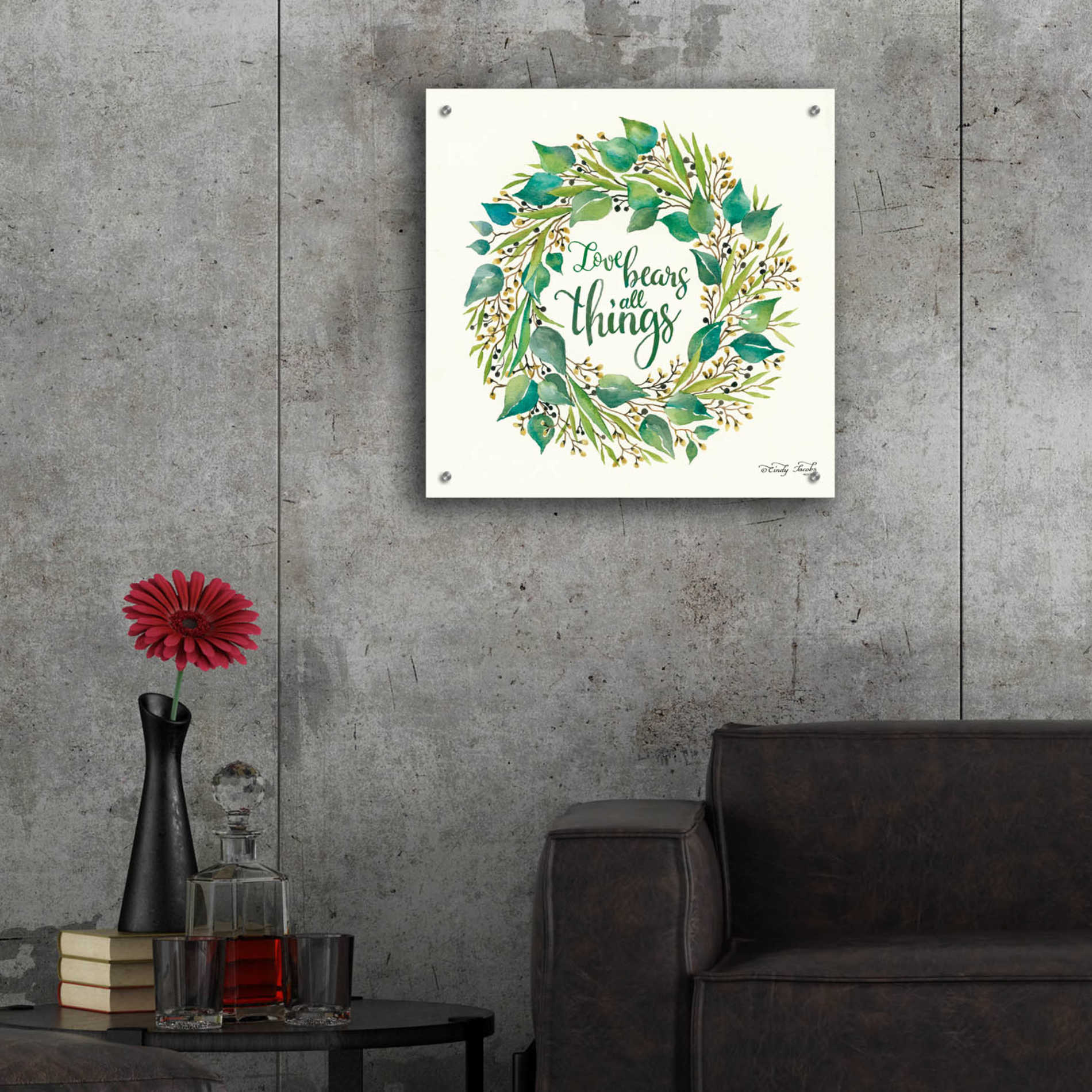 Epic Art 'Love Bears All Things Eucalyptus Wreath' by Cindy Jacobs, Acrylic Glass Wall Art,24x24