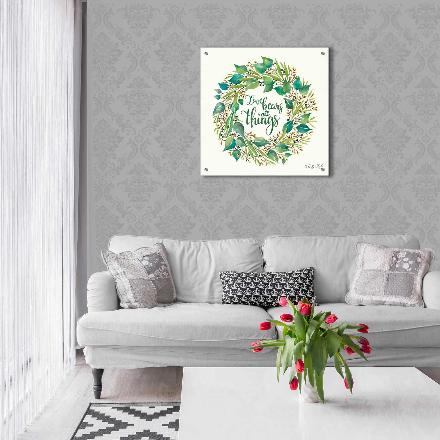 Epic Art 'Love Bears All Things Eucalyptus Wreath' by Cindy Jacobs, Acrylic Glass Wall Art,24x24