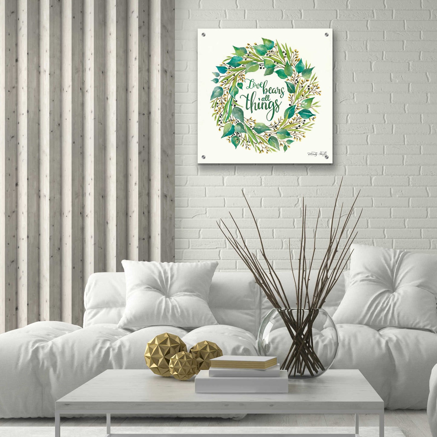 Epic Art 'Love Bears All Things Eucalyptus Wreath' by Cindy Jacobs, Acrylic Glass Wall Art,24x24