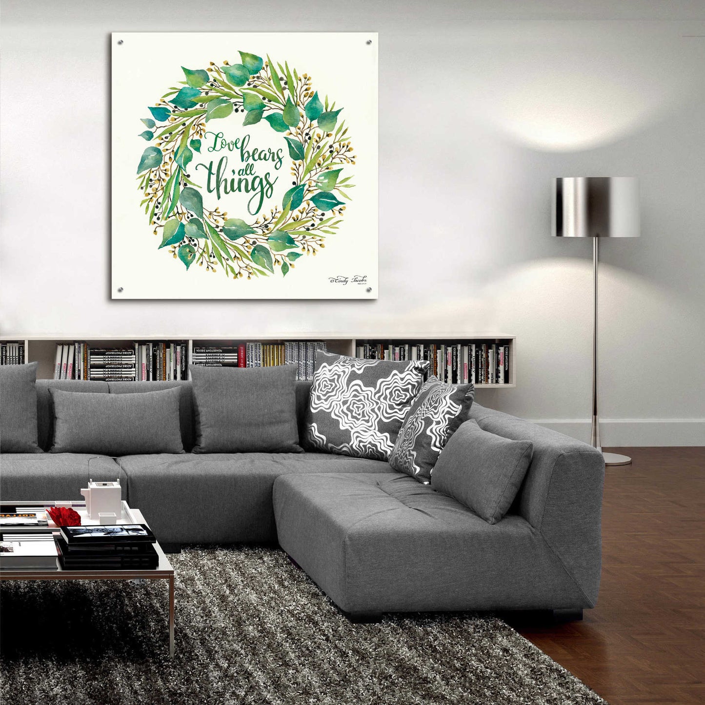 Epic Art 'Love Bears All Things Eucalyptus Wreath' by Cindy Jacobs, Acrylic Glass Wall Art,36x36