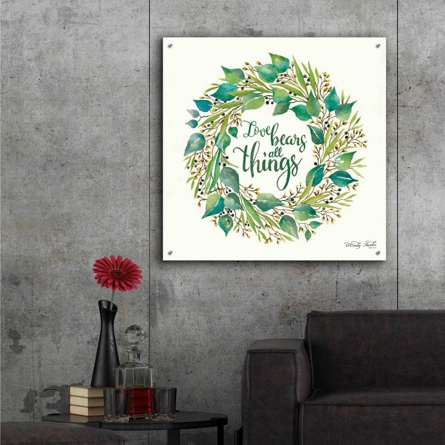 Epic Art 'Love Bears All Things Eucalyptus Wreath' by Cindy Jacobs, Acrylic Glass Wall Art,36x36