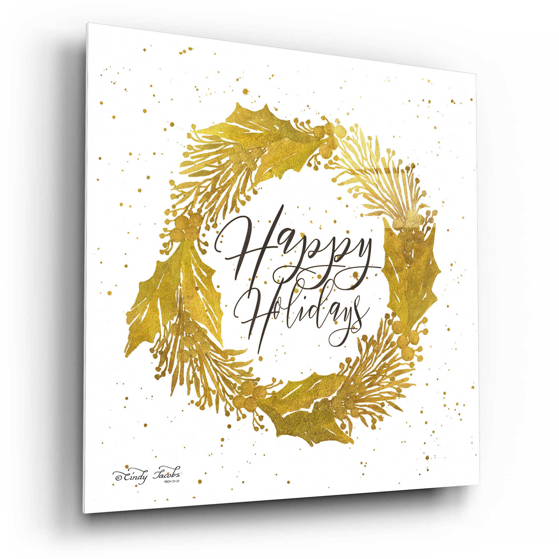 Epic Art 'Happy Holidays Gold Wreath' by Cindy Jacobs, Acrylic Glass Wall Art,12x12