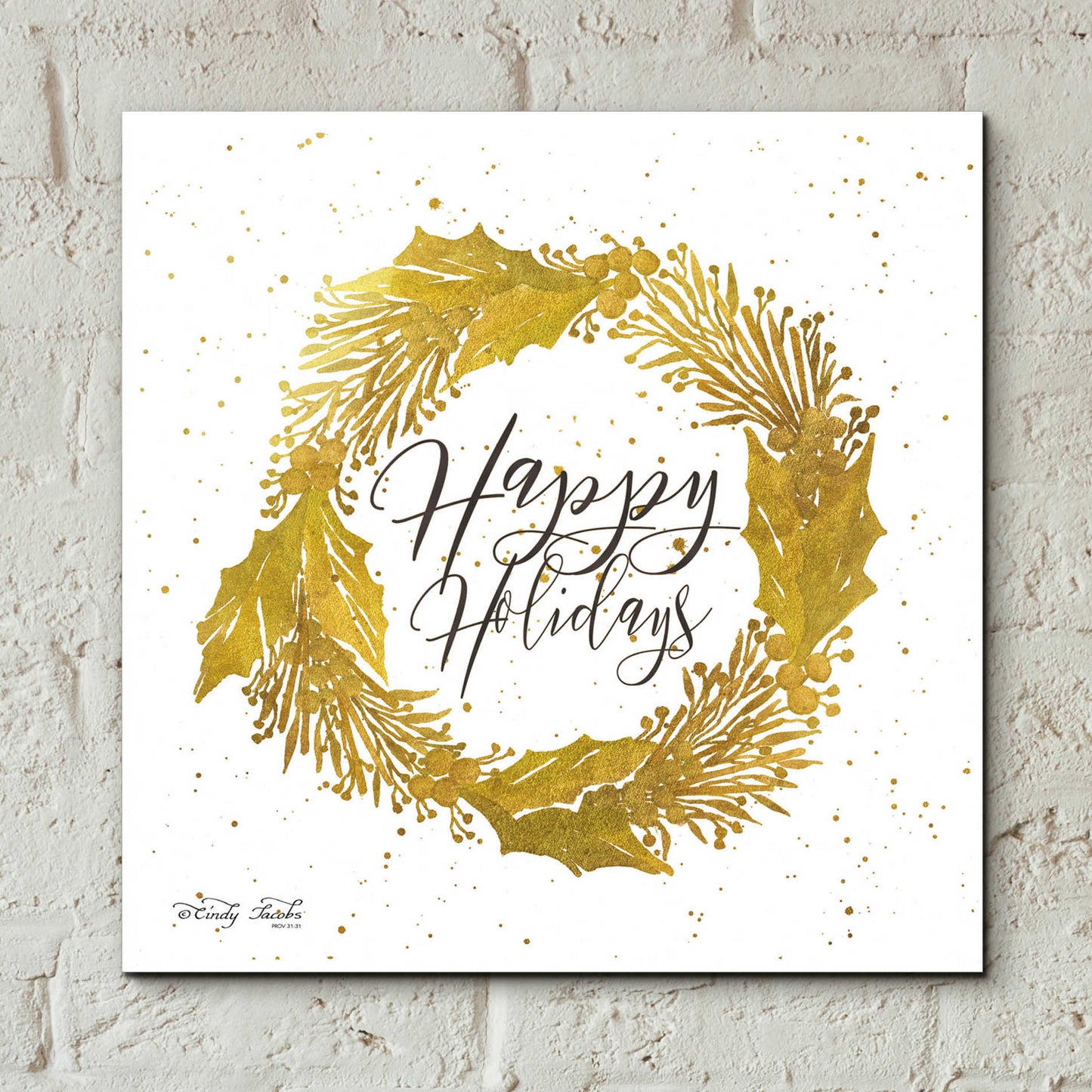 Epic Art 'Happy Holidays Gold Wreath' by Cindy Jacobs, Acrylic Glass Wall Art,12x12