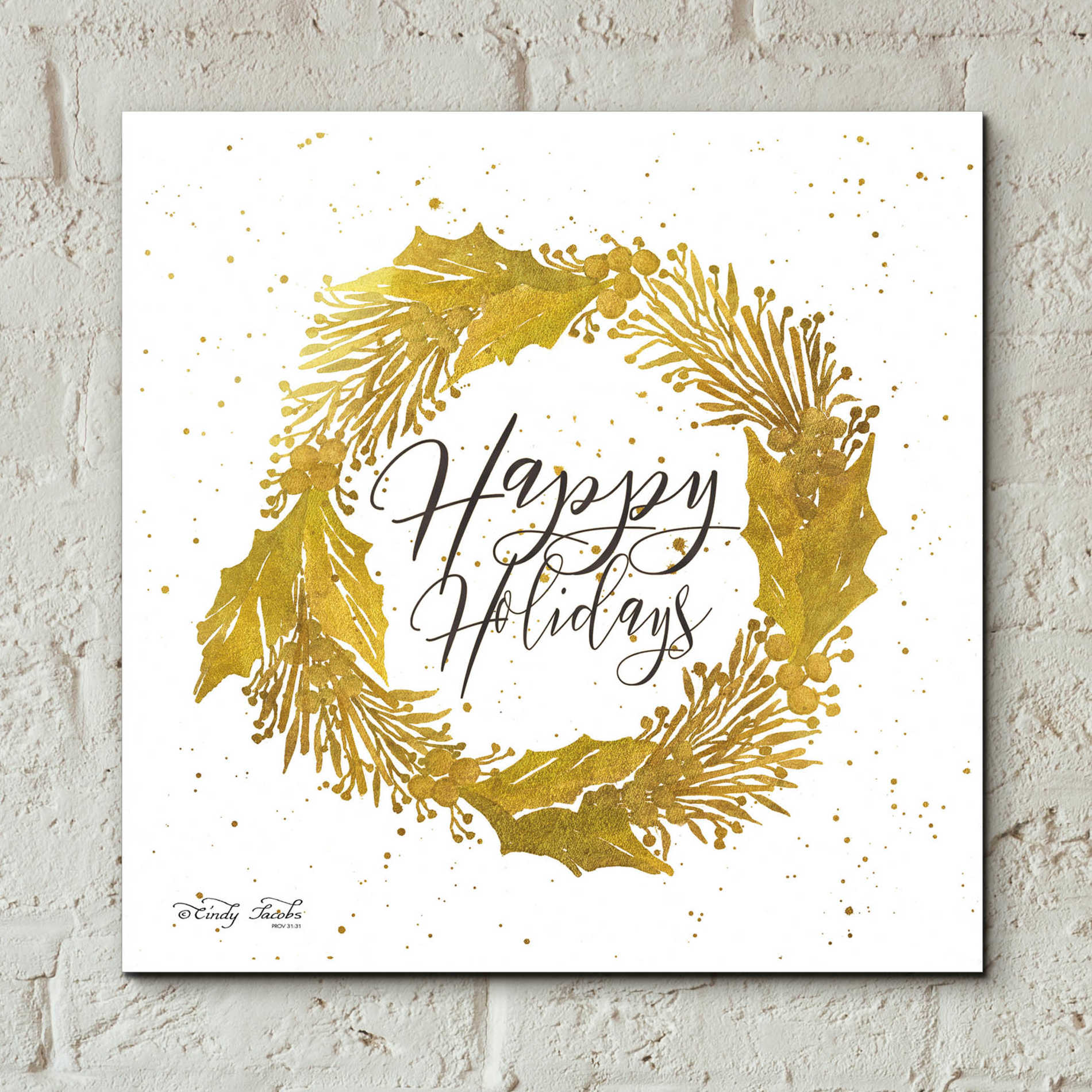 Epic Art 'Happy Holidays Gold Wreath' by Cindy Jacobs, Acrylic Glass Wall Art,12x12