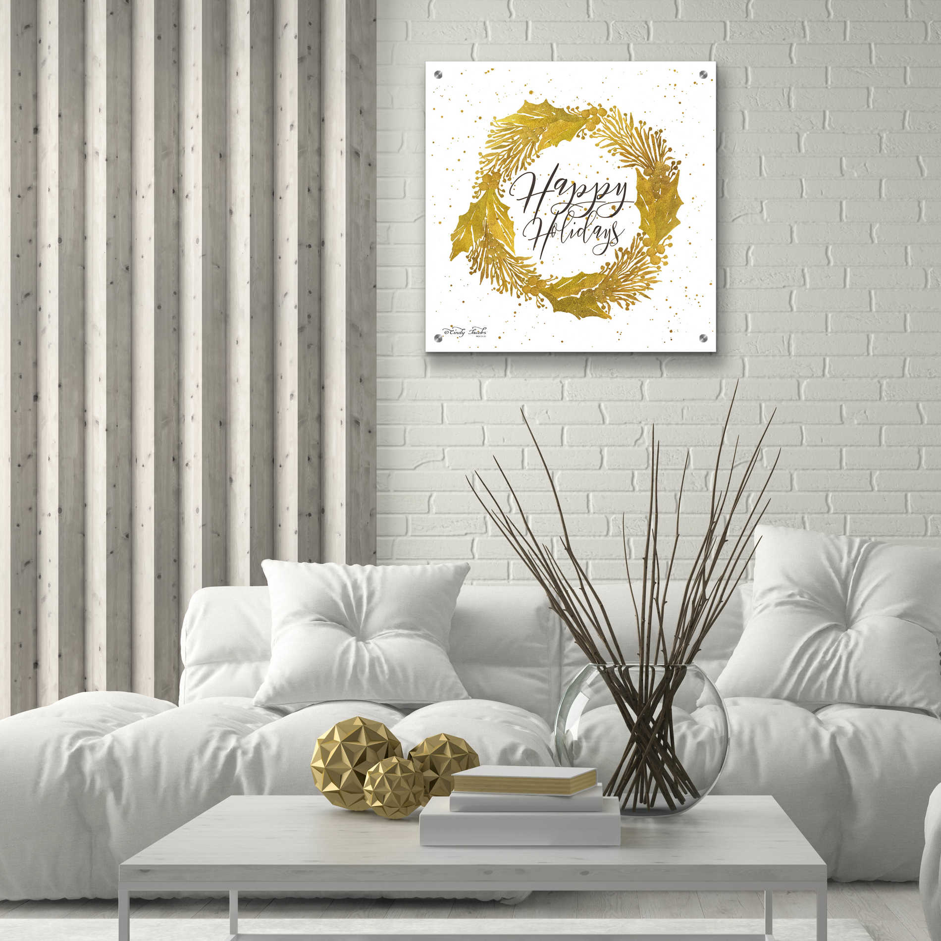 Epic Art 'Happy Holidays Gold Wreath' by Cindy Jacobs, Acrylic Glass Wall Art,24x24