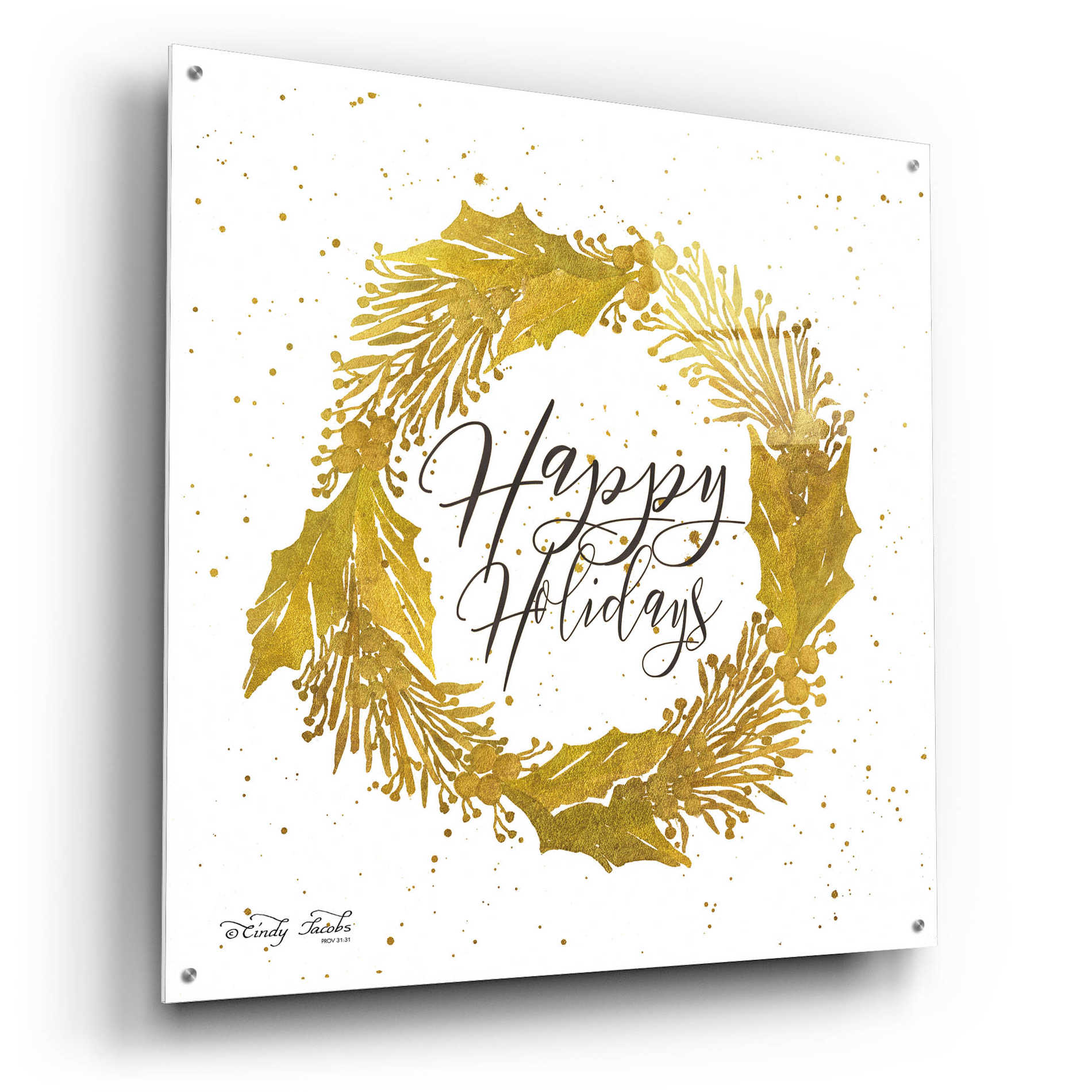 Epic Art 'Happy Holidays Gold Wreath' by Cindy Jacobs, Acrylic Glass Wall Art,36x36