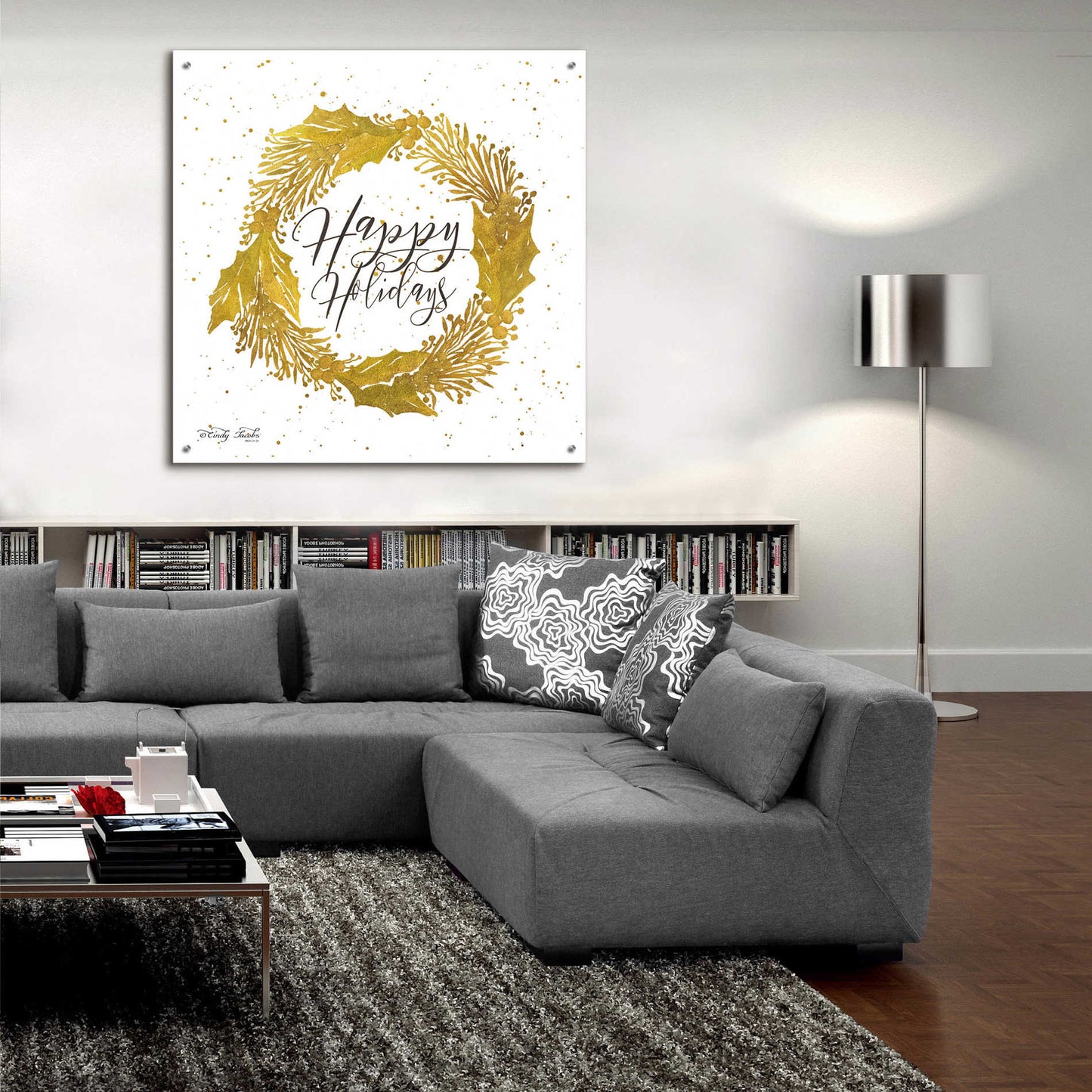 Epic Art 'Happy Holidays Gold Wreath' by Cindy Jacobs, Acrylic Glass Wall Art,36x36