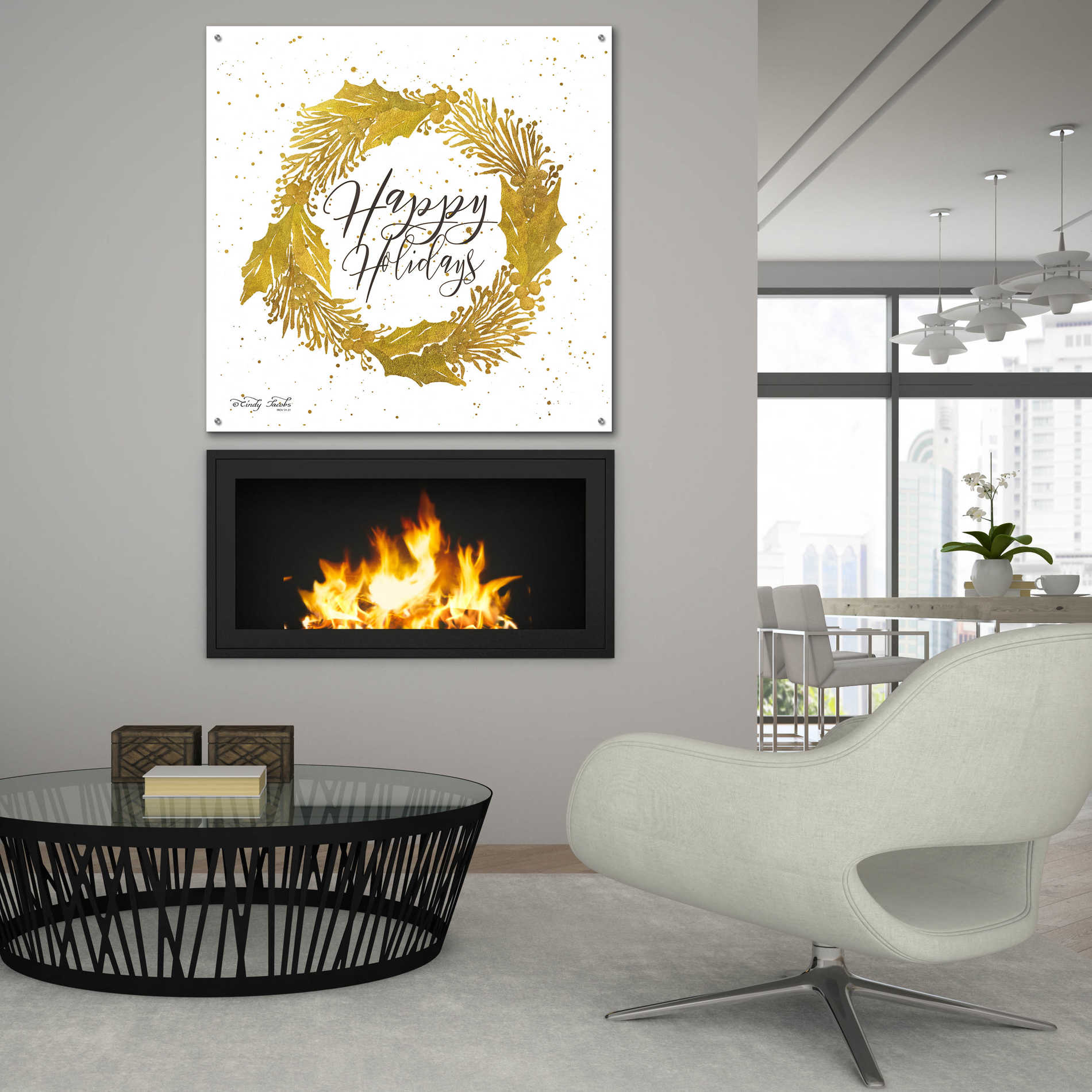 Epic Art 'Happy Holidays Gold Wreath' by Cindy Jacobs, Acrylic Glass Wall Art,36x36