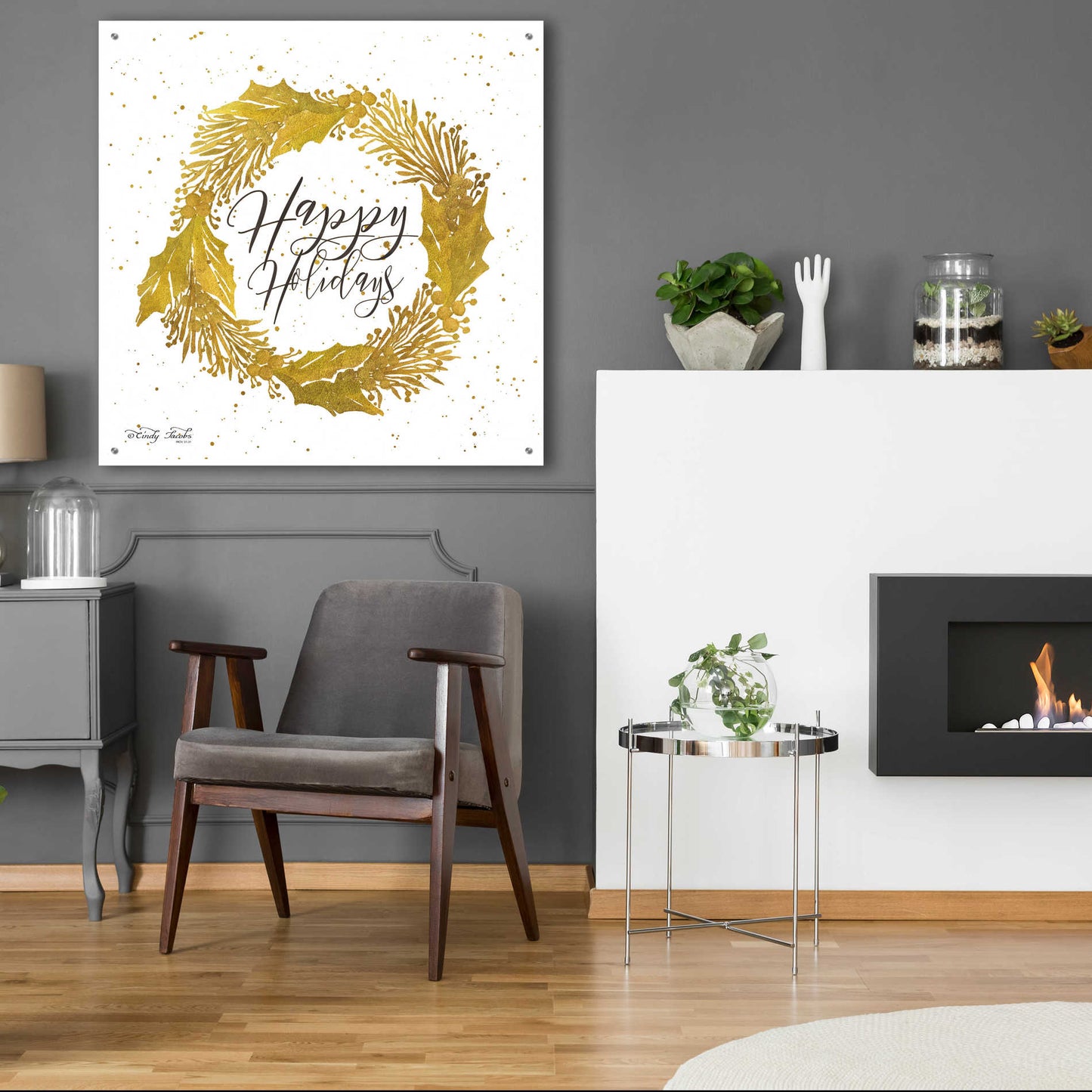 Epic Art 'Happy Holidays Gold Wreath' by Cindy Jacobs, Acrylic Glass Wall Art,36x36