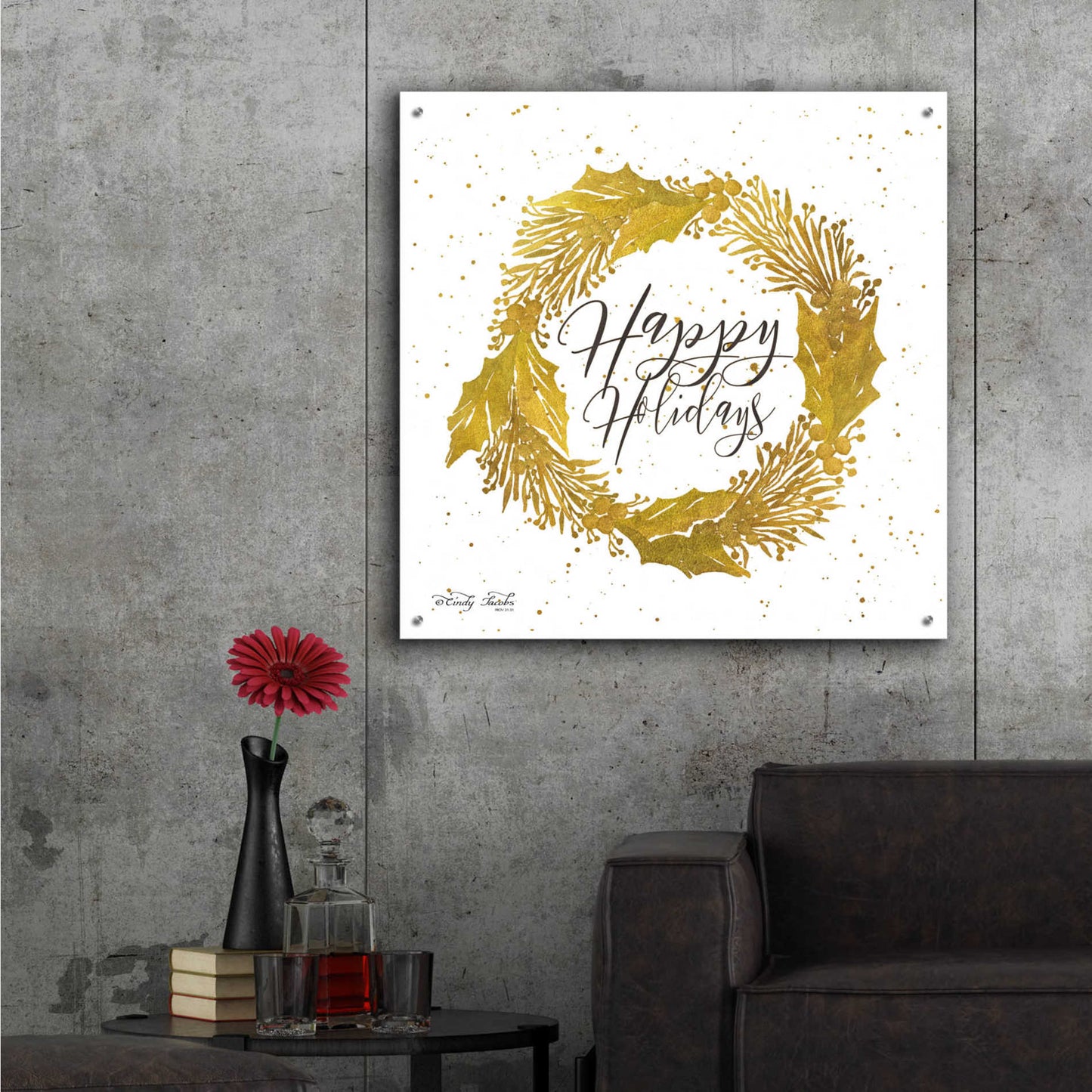 Epic Art 'Happy Holidays Gold Wreath' by Cindy Jacobs, Acrylic Glass Wall Art,36x36