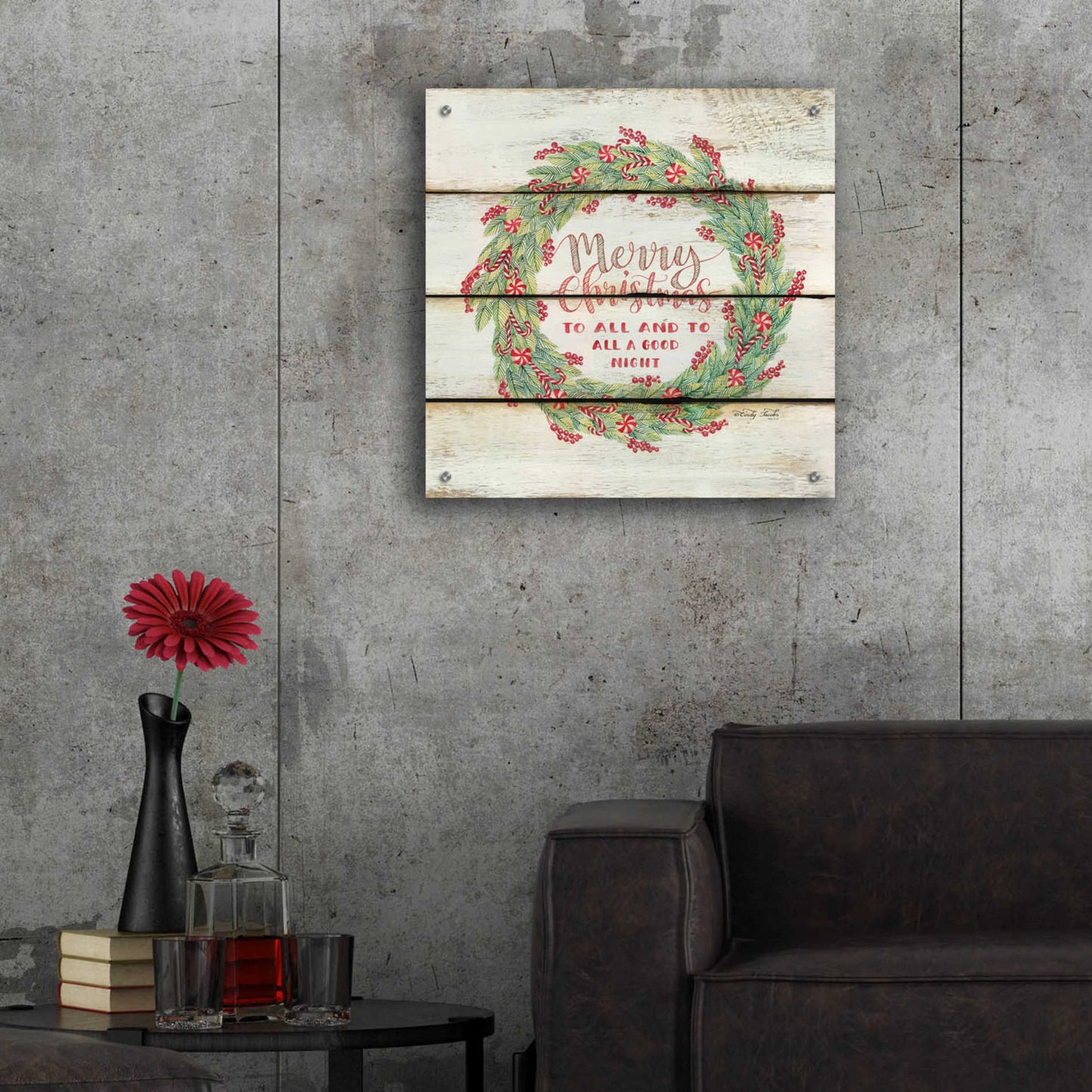 Epic Art 'Merry Christmas Candy Cane Wreath' by Cindy Jacobs, Acrylic Glass Wall Art,24x24