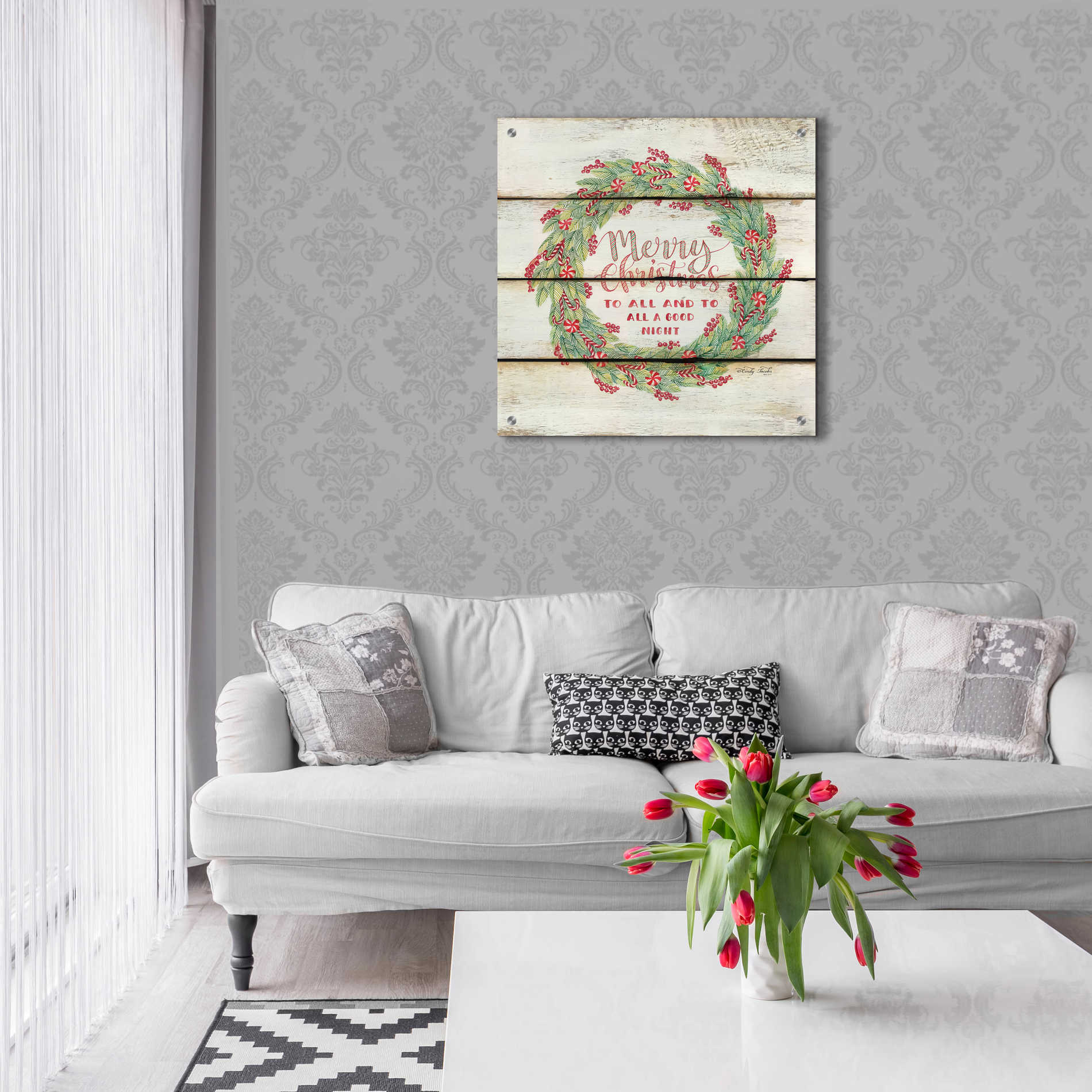 Epic Art 'Merry Christmas Candy Cane Wreath' by Cindy Jacobs, Acrylic Glass Wall Art,24x24