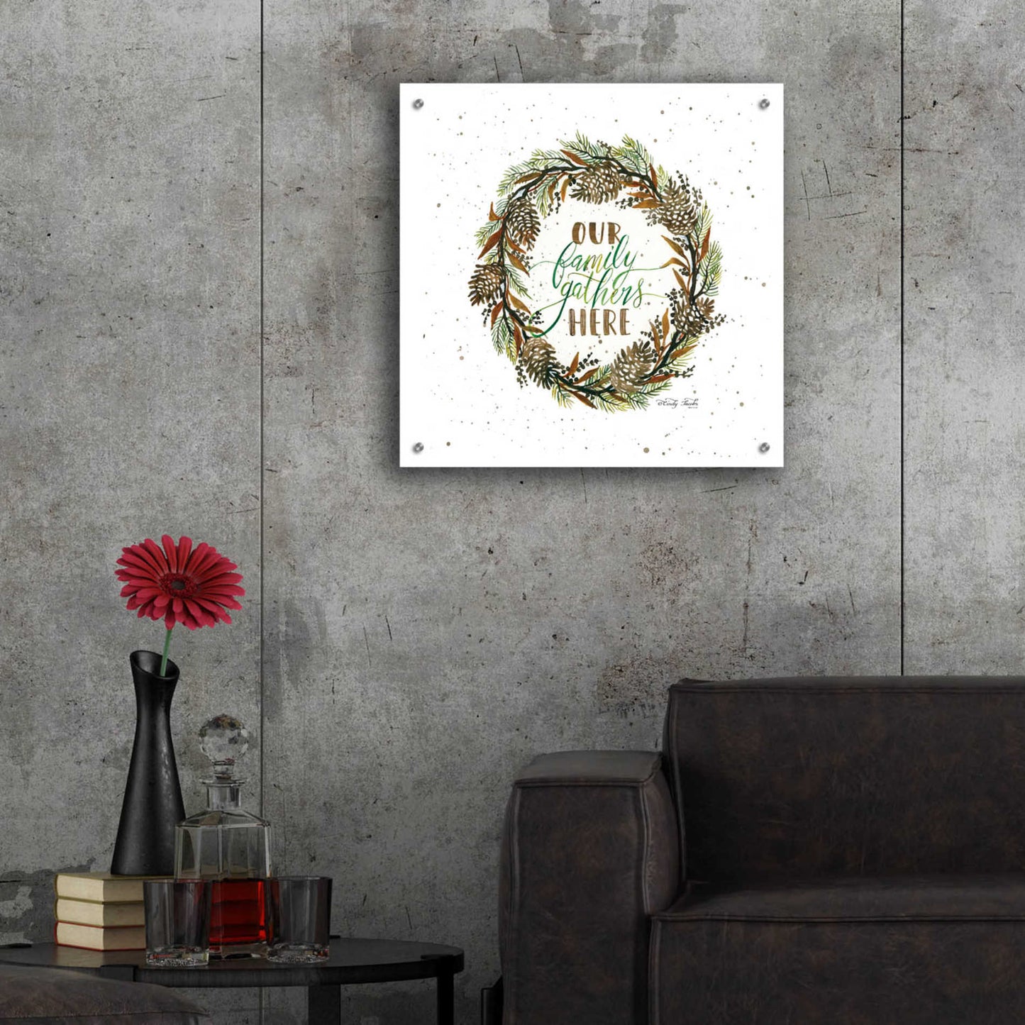 Epic Art 'Our Family Gathers Here Wreath' by Cindy Jacobs, Acrylic Glass Wall Art,24x24