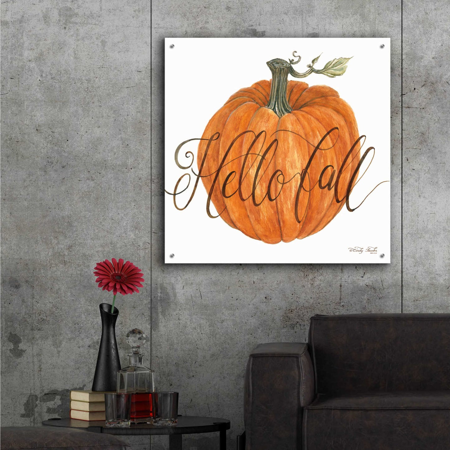Epic Art 'Hello Fall Pumpkin' by Cindy Jacobs, Acrylic Glass Wall Art,36x36