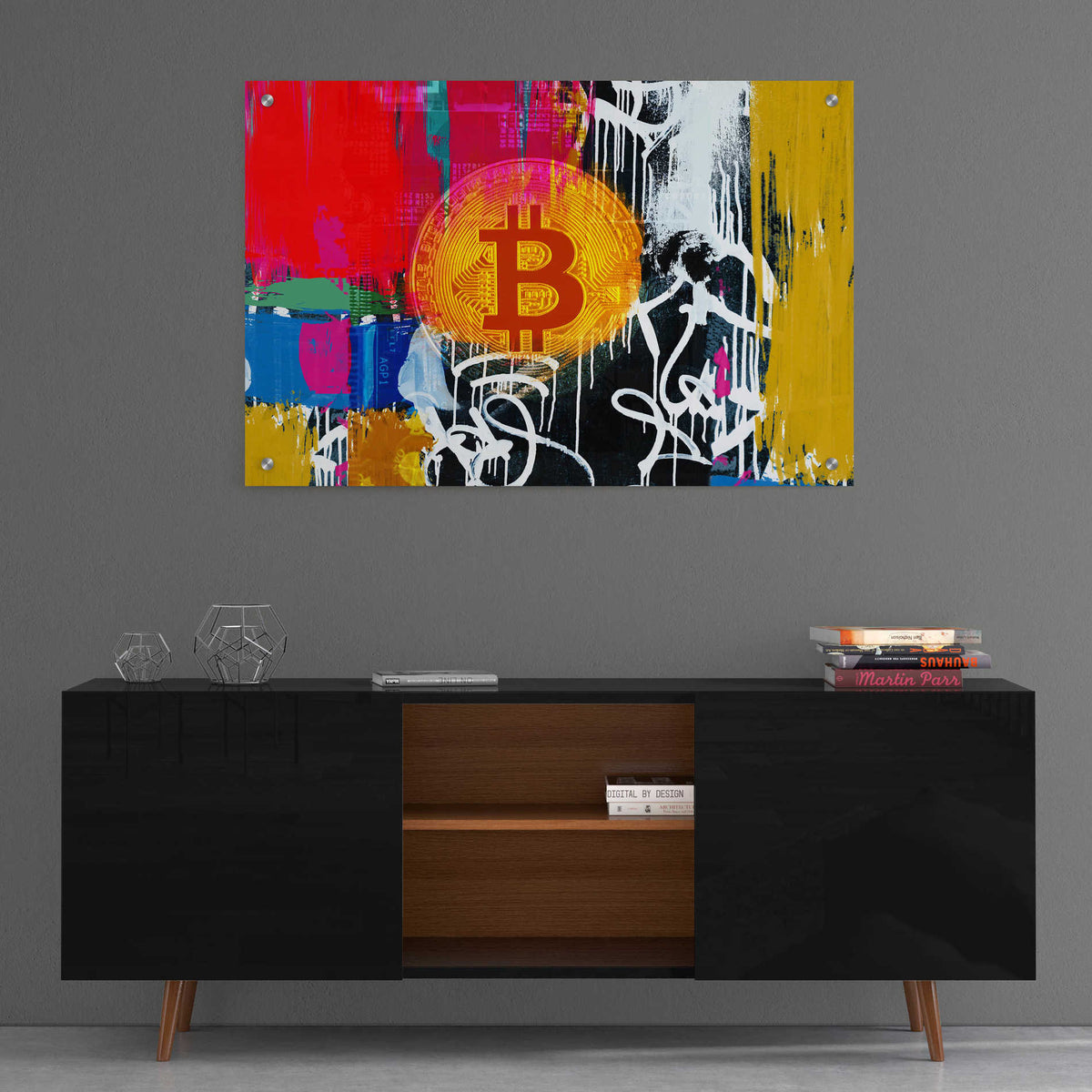 Epic Art 'Cryptocurrency Bitcoin Graffiti 1' by Irena Orlov, Acrylic Glass Wall Art,36x24