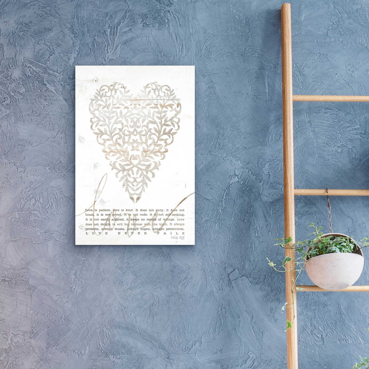 Epic Art 'Love Never Fails with Heart' by Cindy Jacobs, Acrylic Glass Wall Art,16x24